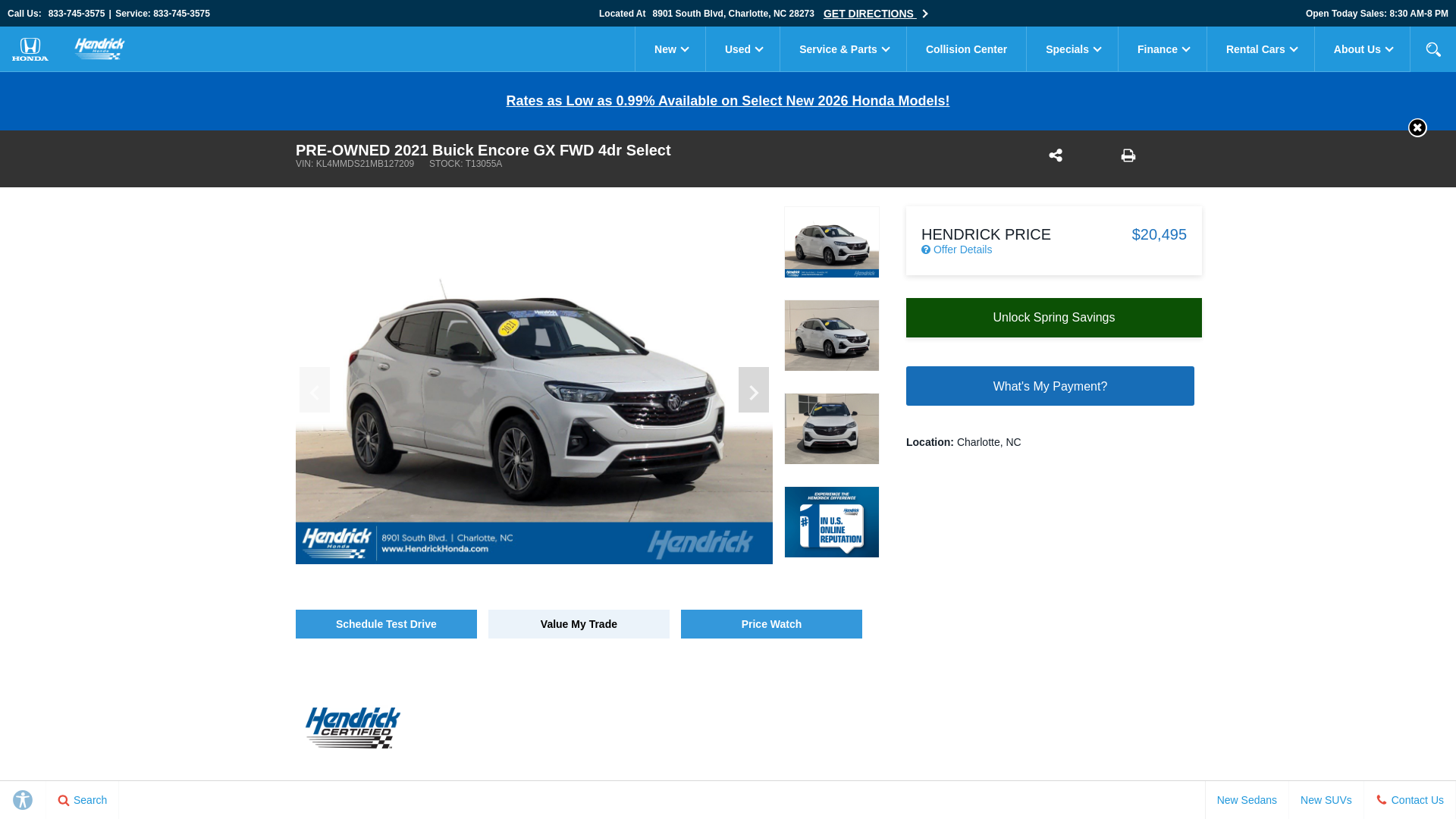 website screenshot of https://www.hendrickhonda.com/inventory/used-2021-buick-encore-gx-fwd-4dr-select-fwd-suv-kl4mmds21mb127209/