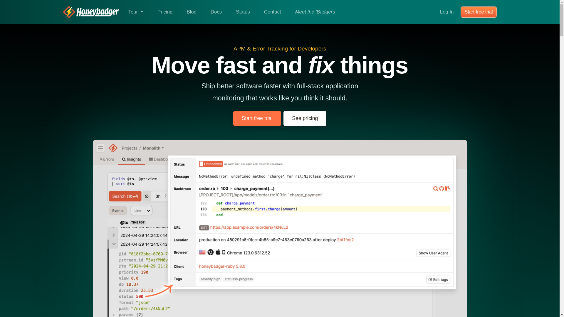 website screenshot of https://honeybadger.io/