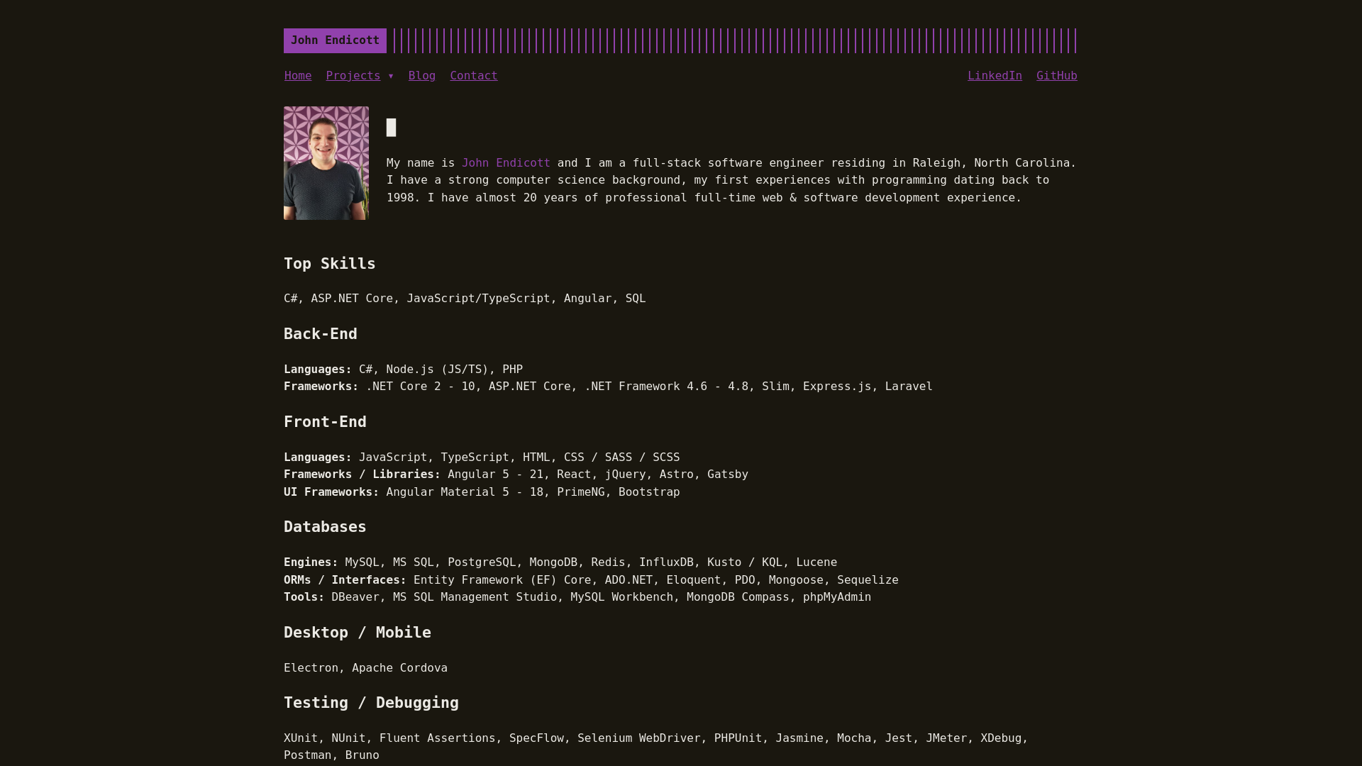 website screenshot of https://johnendicott.dev/
