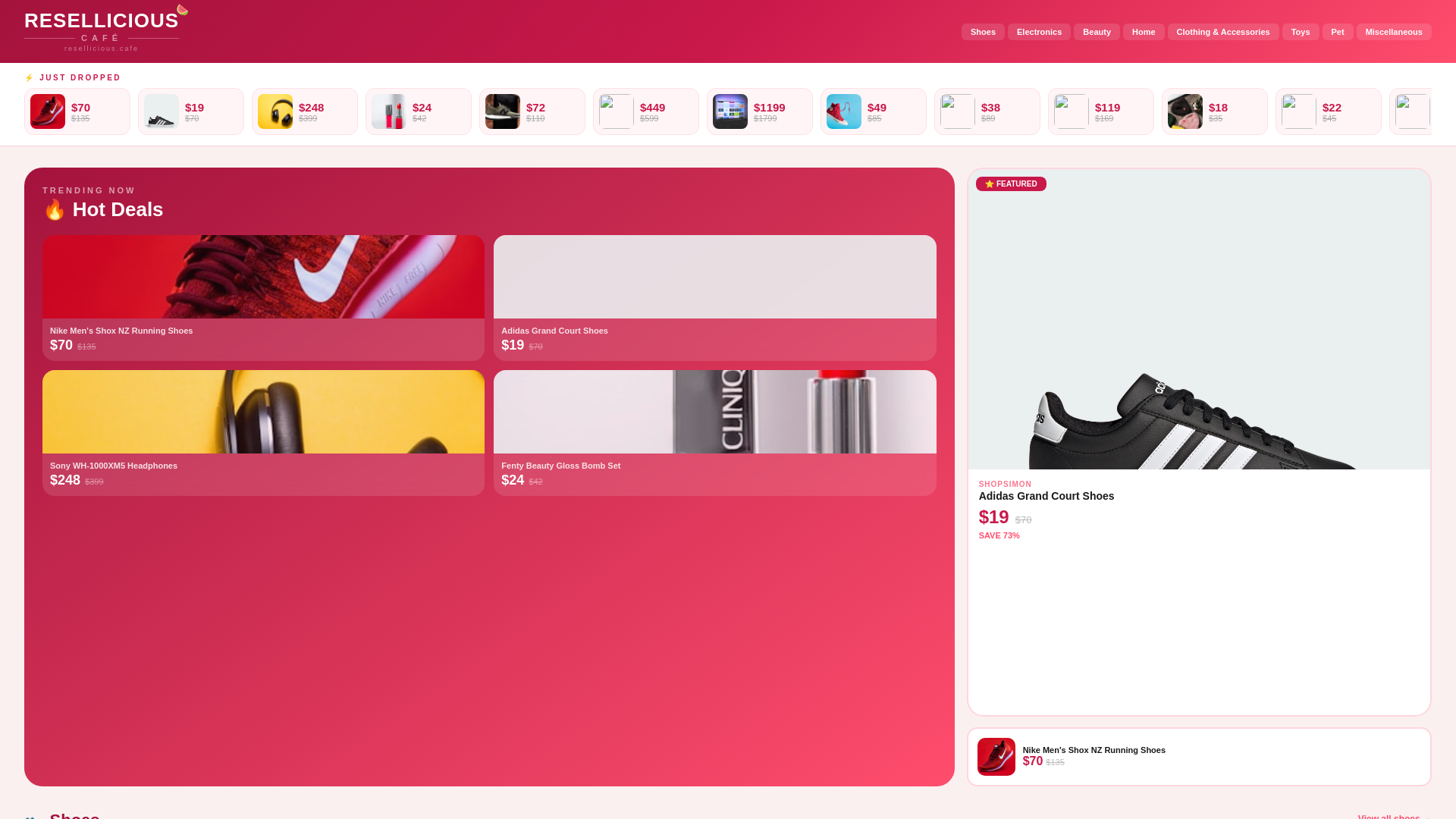 website screenshot of https://resellicious.cafe/