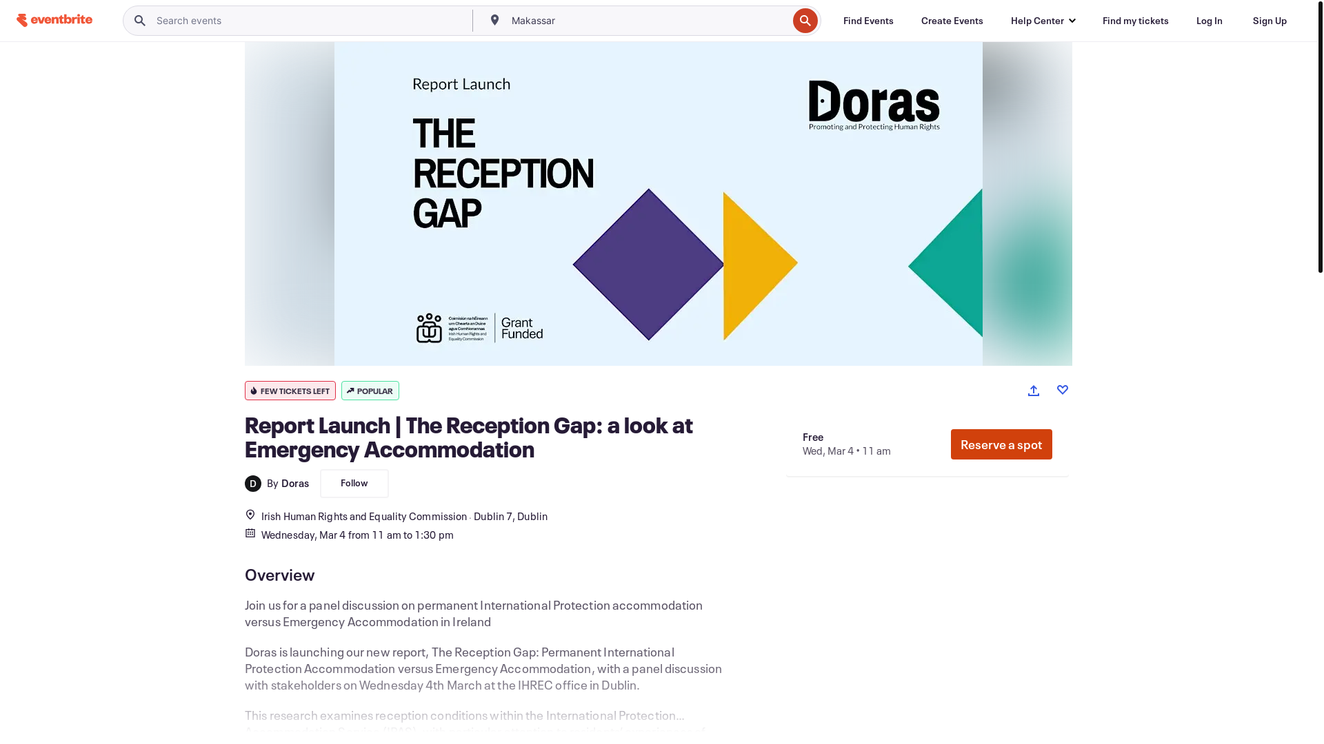 website screenshot of https://www.eventbrite.ie/e/report-launch-the-reception-gap-a-look-at-emergency-accommodation-tickets-1983605075177