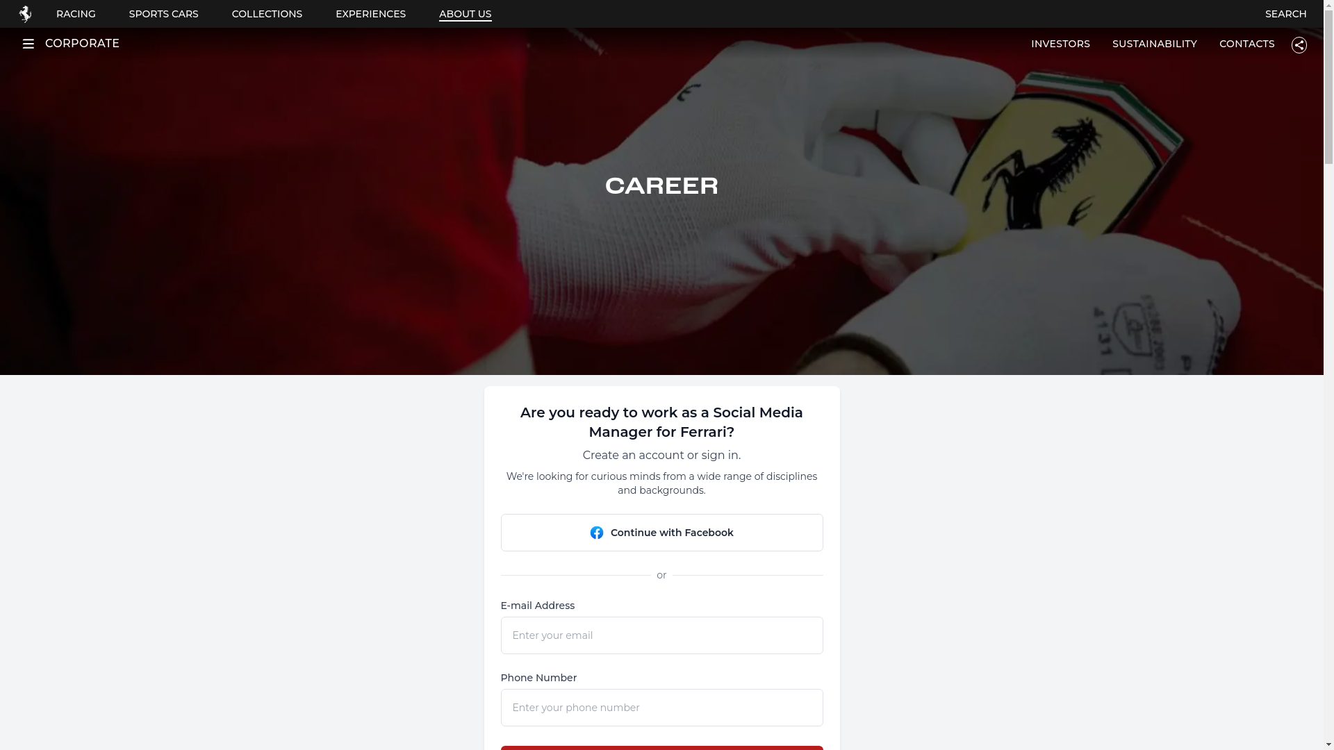website screenshot of https://ferraricareers.job-appointment.com/