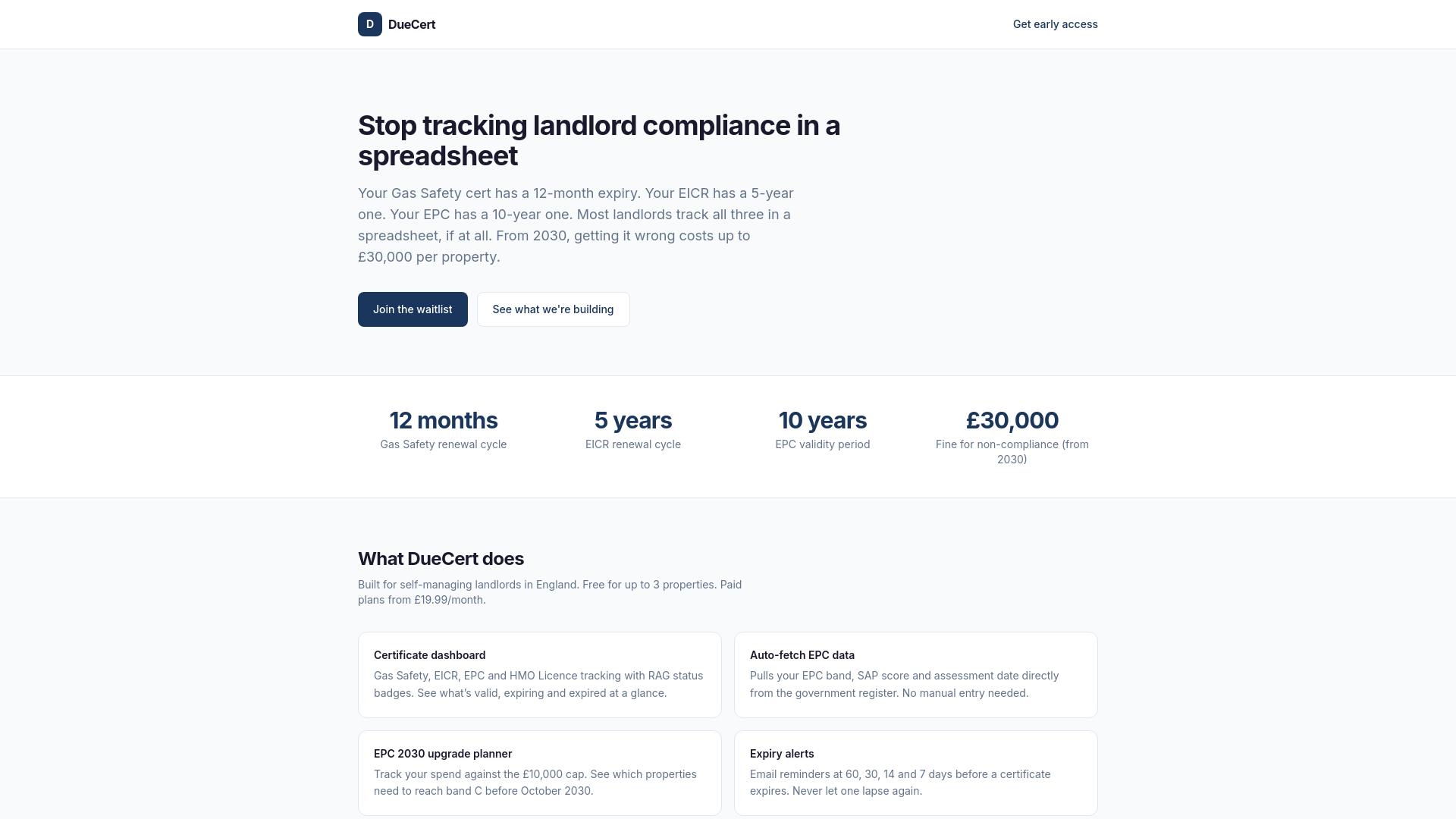 website screenshot of https://duecert.co.uk/