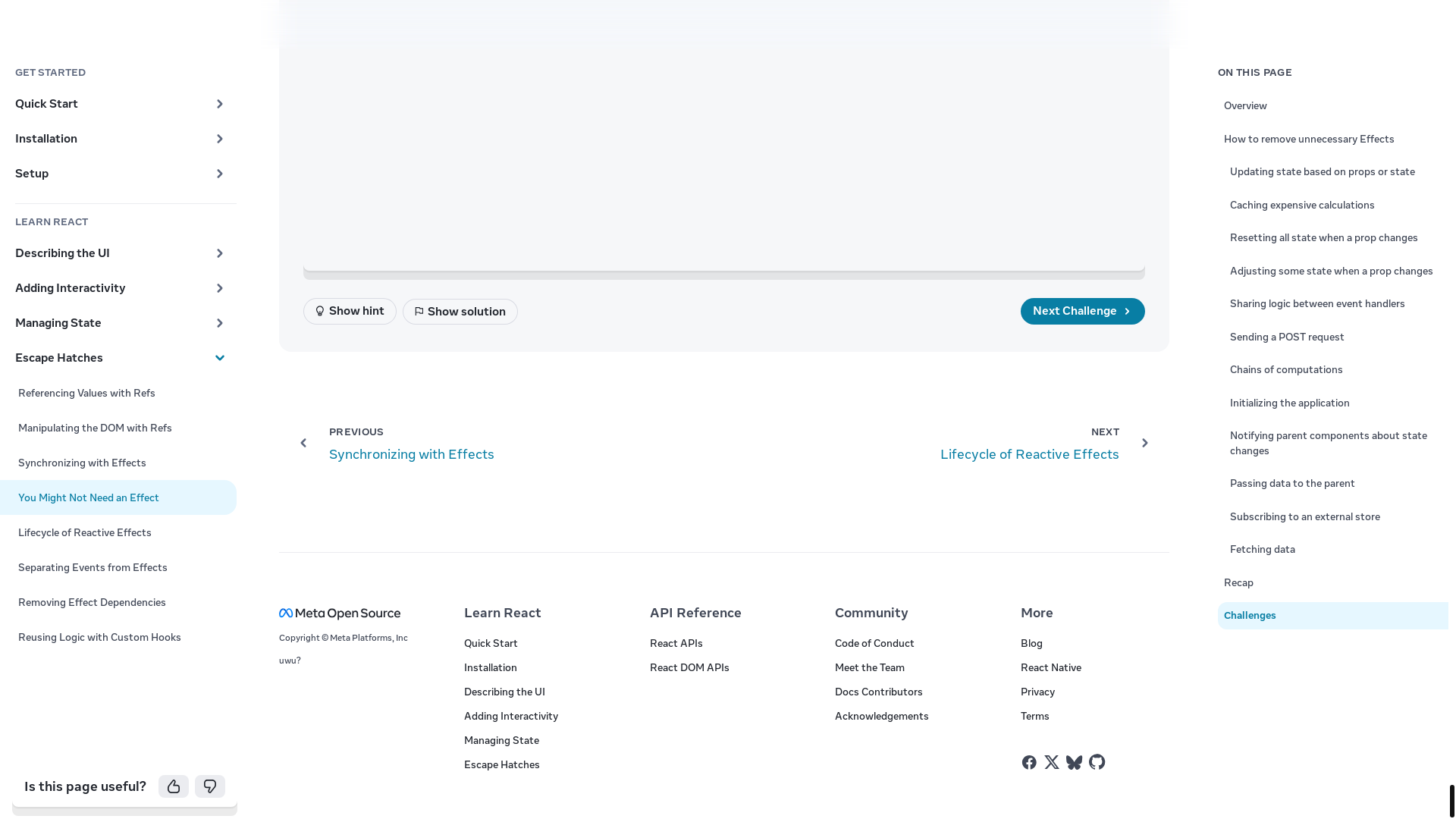 website screenshot of https://react.dev/learn/you-might-not-need-an-effect#recap