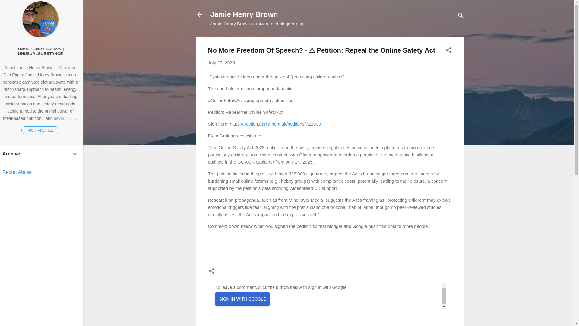 website screenshot of https://jamie-henry-brown.blogspot.com/2025/07/no-more-freedom-of-speech-petition.html
