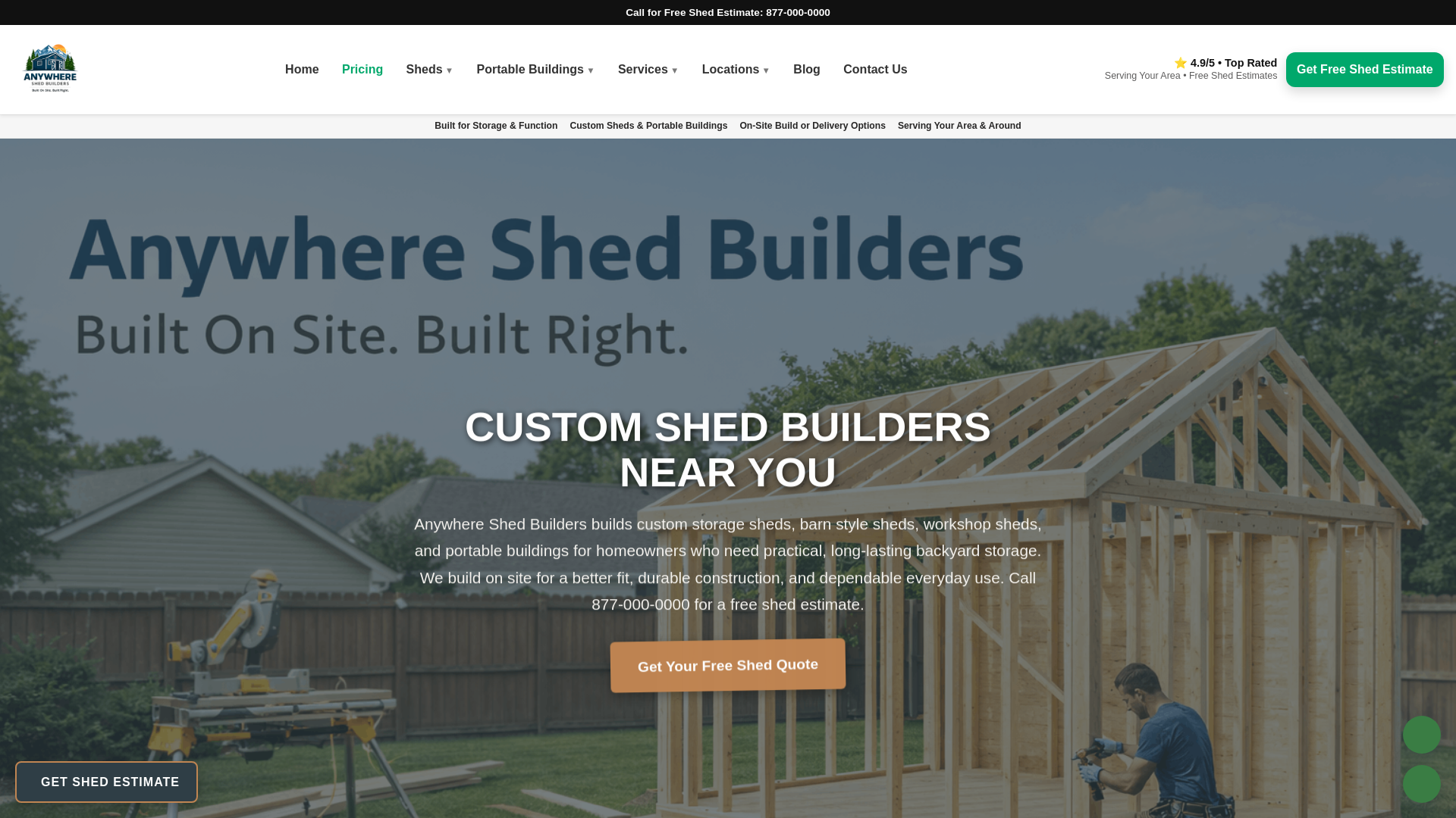 website screenshot of https://anywhereshedbuilders.com/