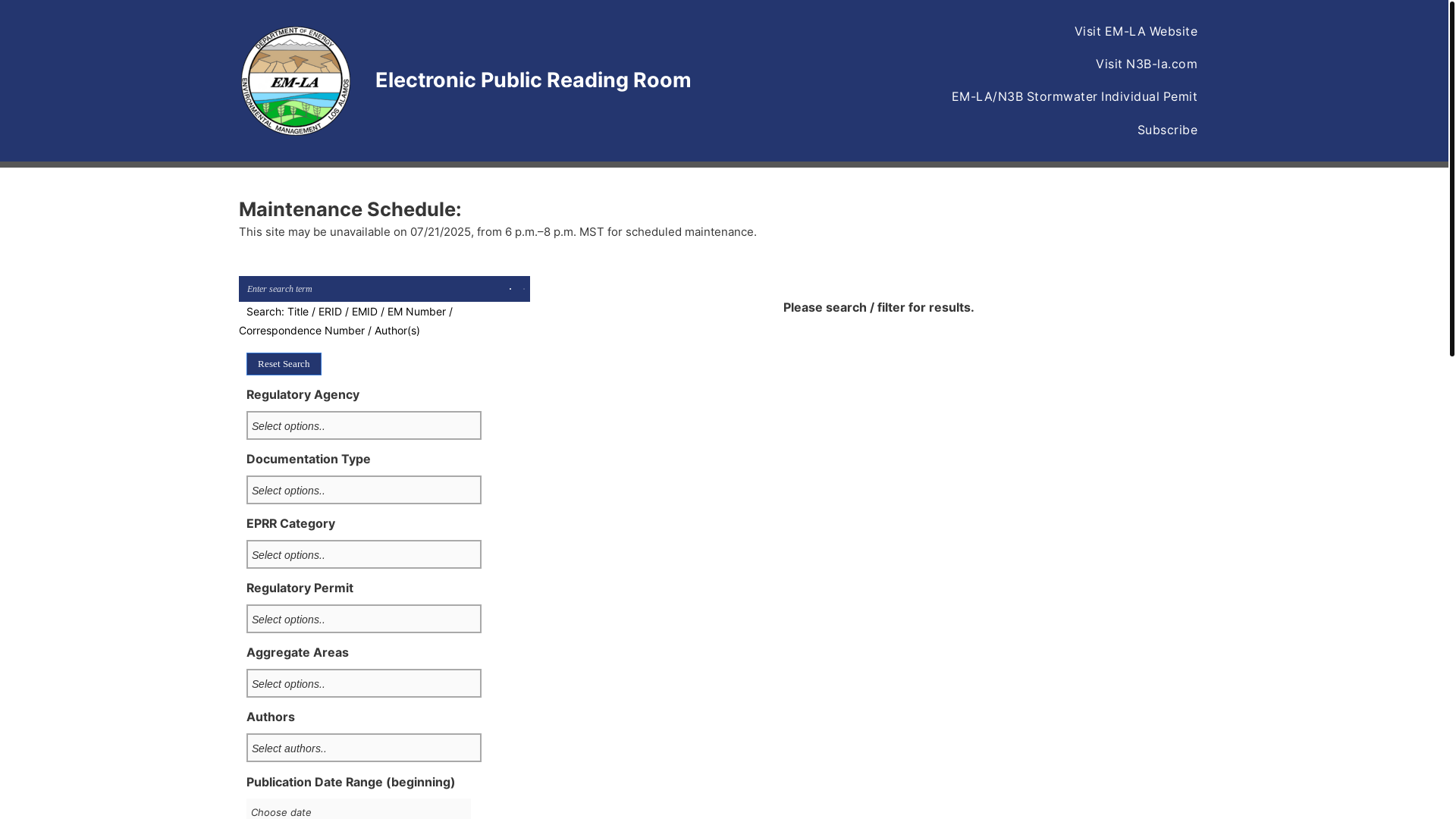 website screenshot of https://eprr.em-la.doe.gov/