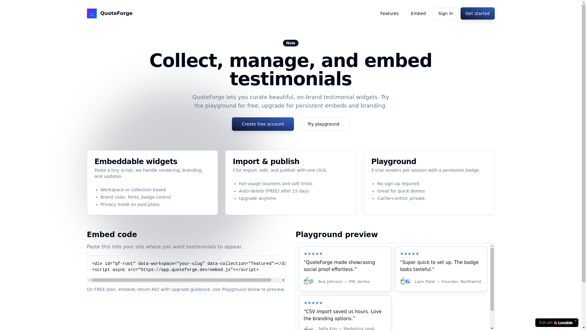 website screenshot of https://quoteforge.co/
