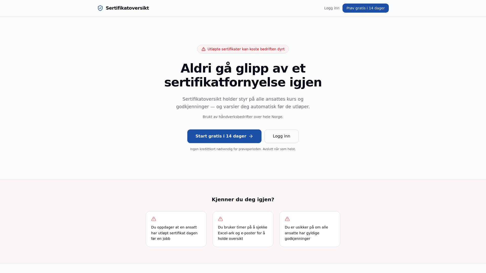 website screenshot of https://sertifikatoversikt.no