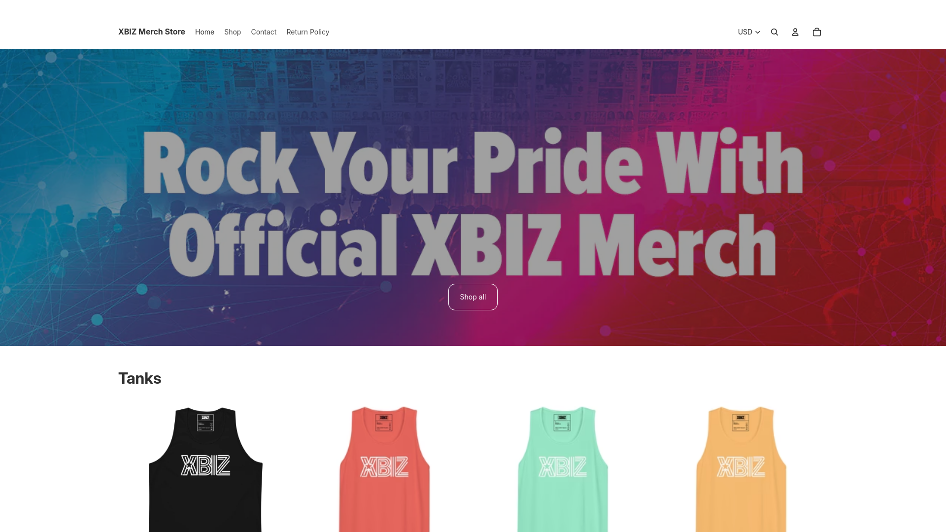 website screenshot of https://xbizmerch.com/