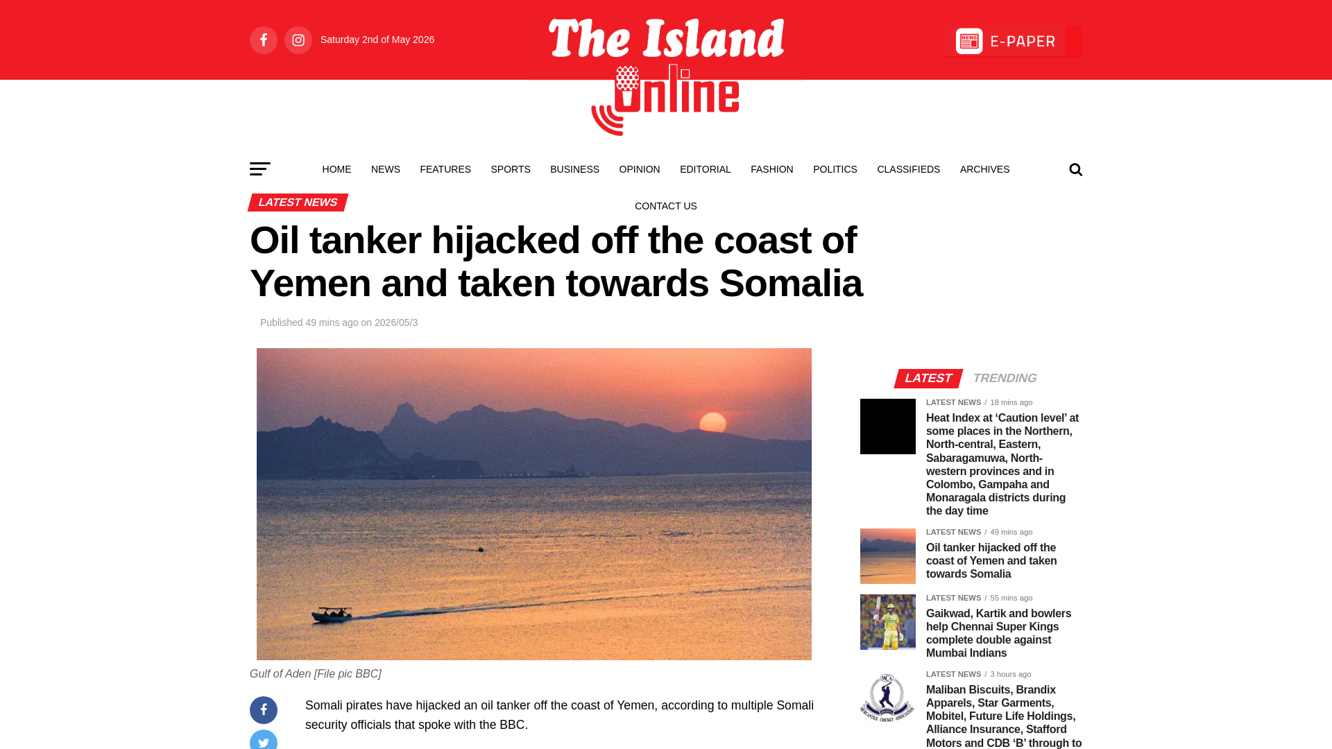 website screenshot of https://island.lk/oil-tanker-hijacked-off-coast-of-yemen-and-taken-towards-somalia/