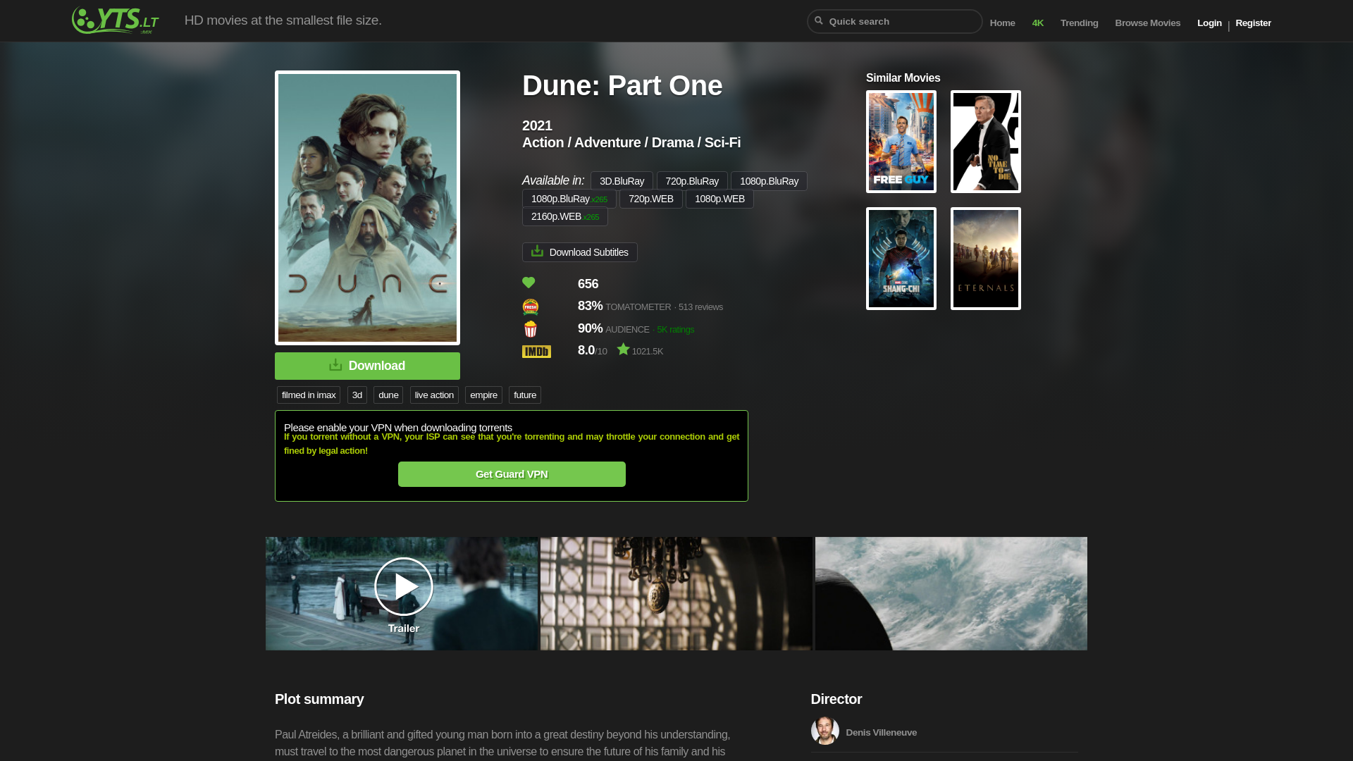 website screenshot of https://yts.bz/movies/dune-part-one-2021
