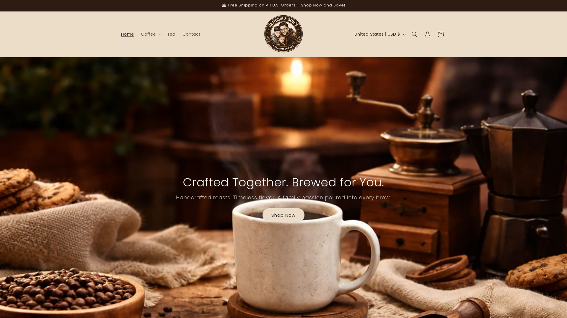 website screenshot of https://fathersandsonscoffee.com/