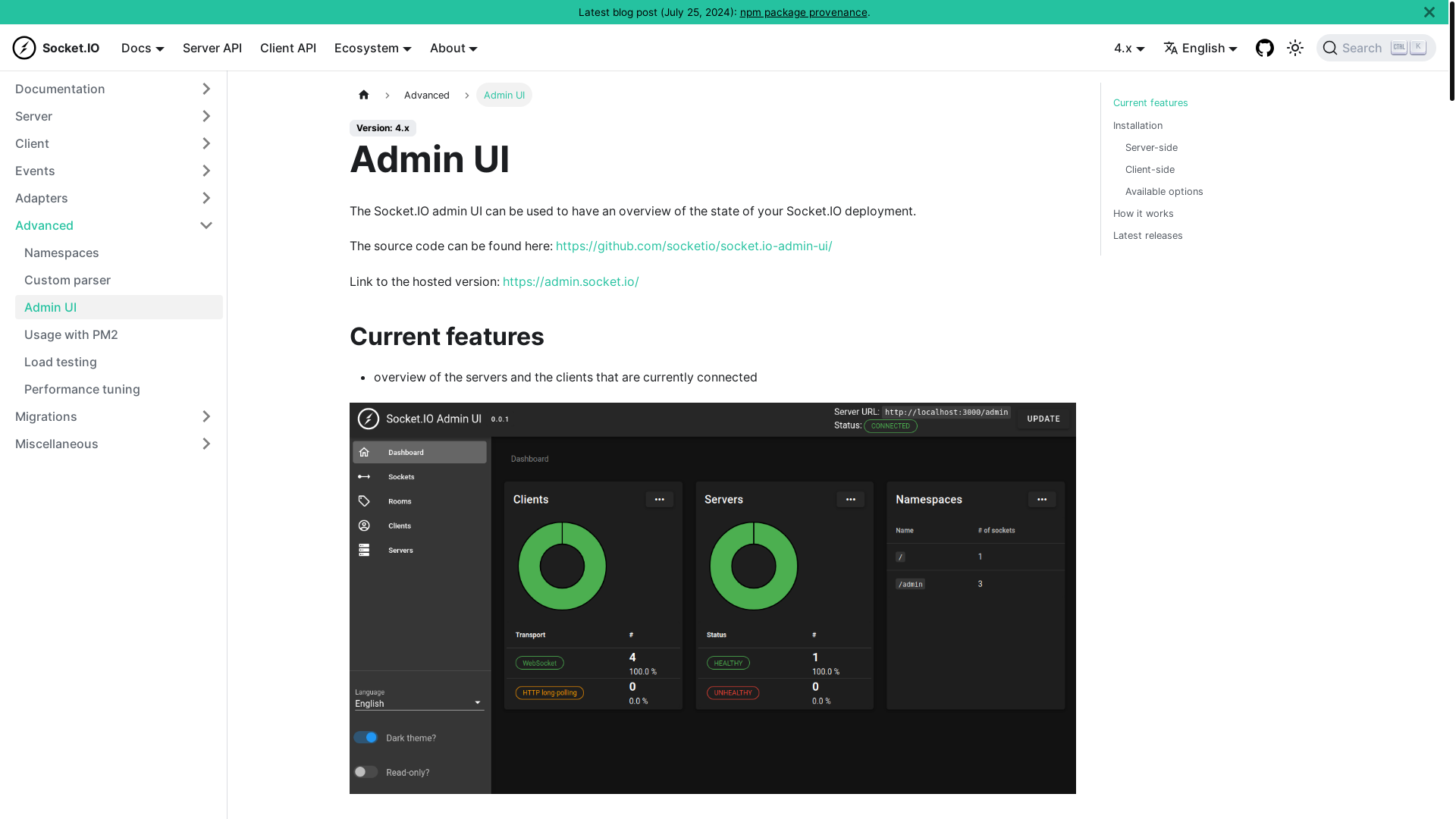 website screenshot of https://socket.io/docs/v4/admin-ui/