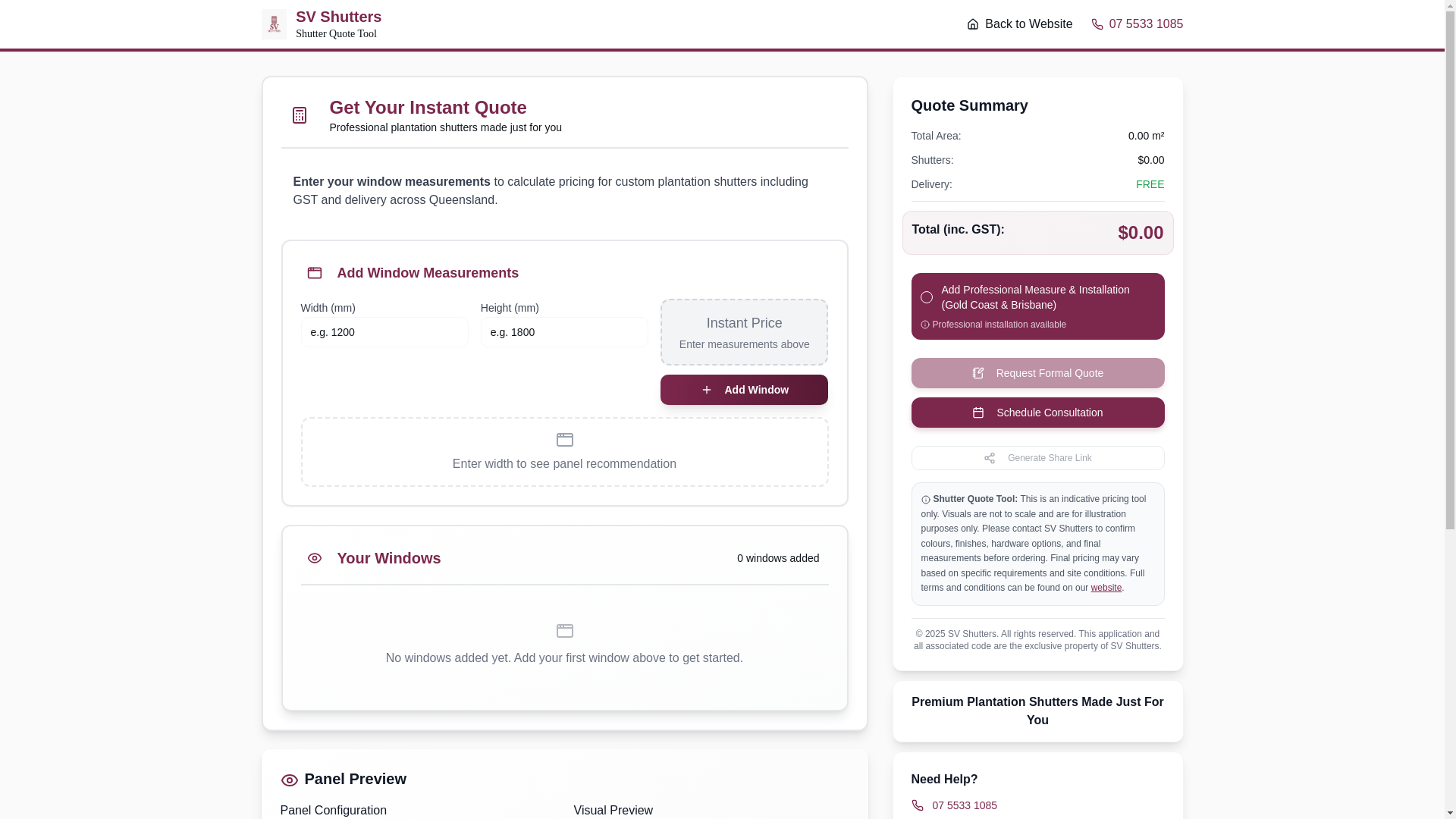 website screenshot of https://svshuttersinstantquote.com.au/