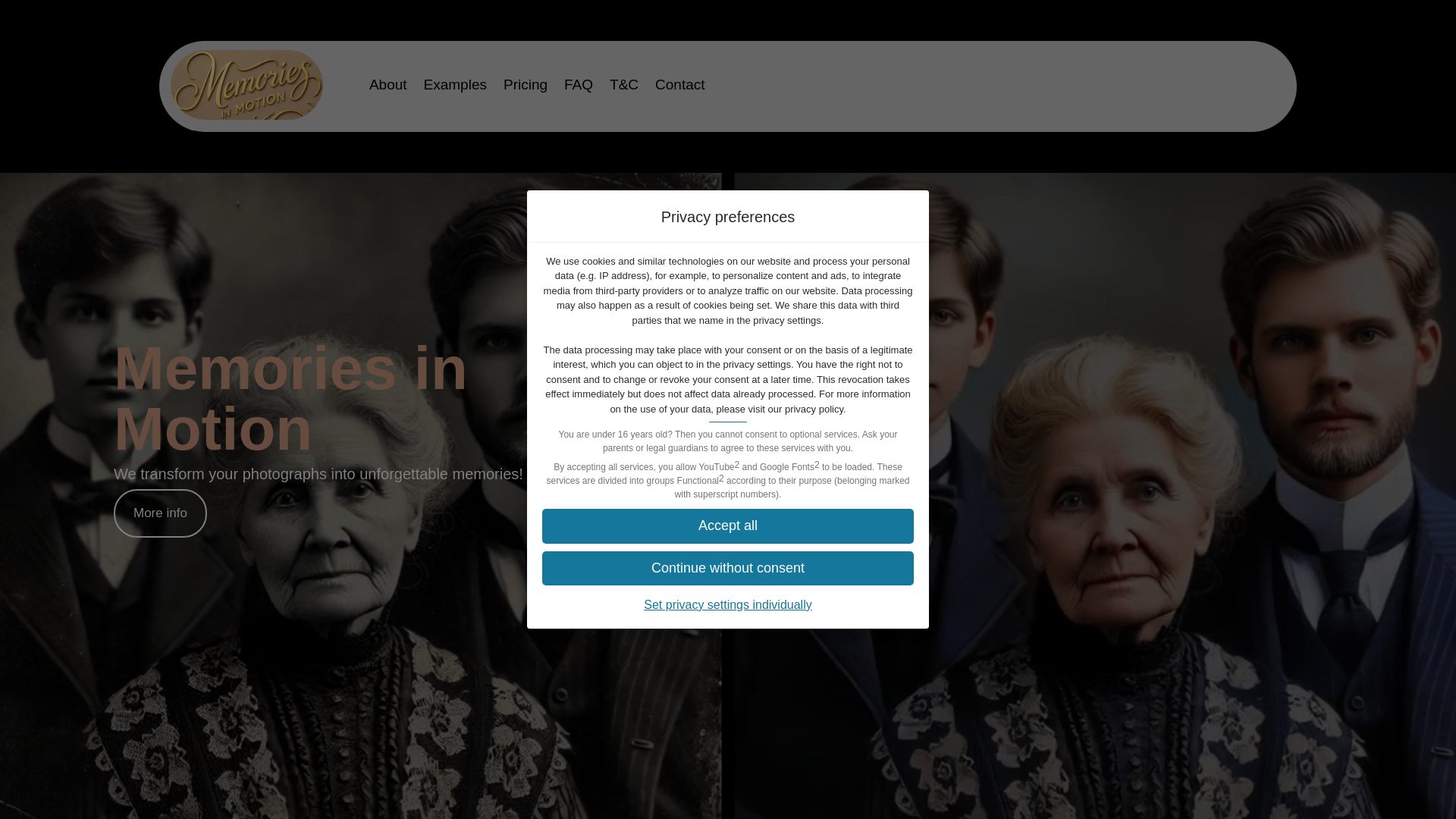 website screenshot of https://memoriesinmotion.ai