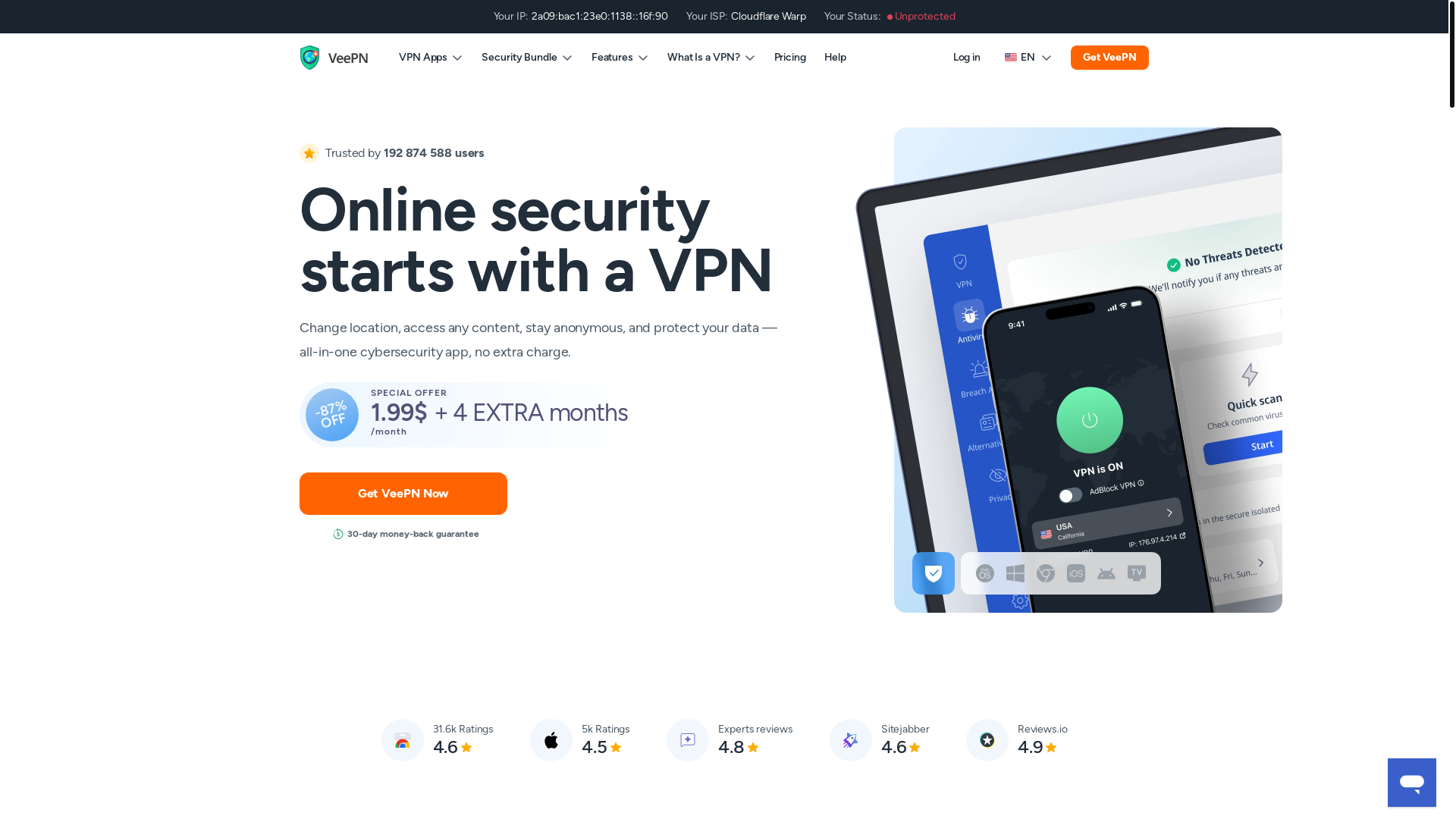 website screenshot of https://veepn.com/