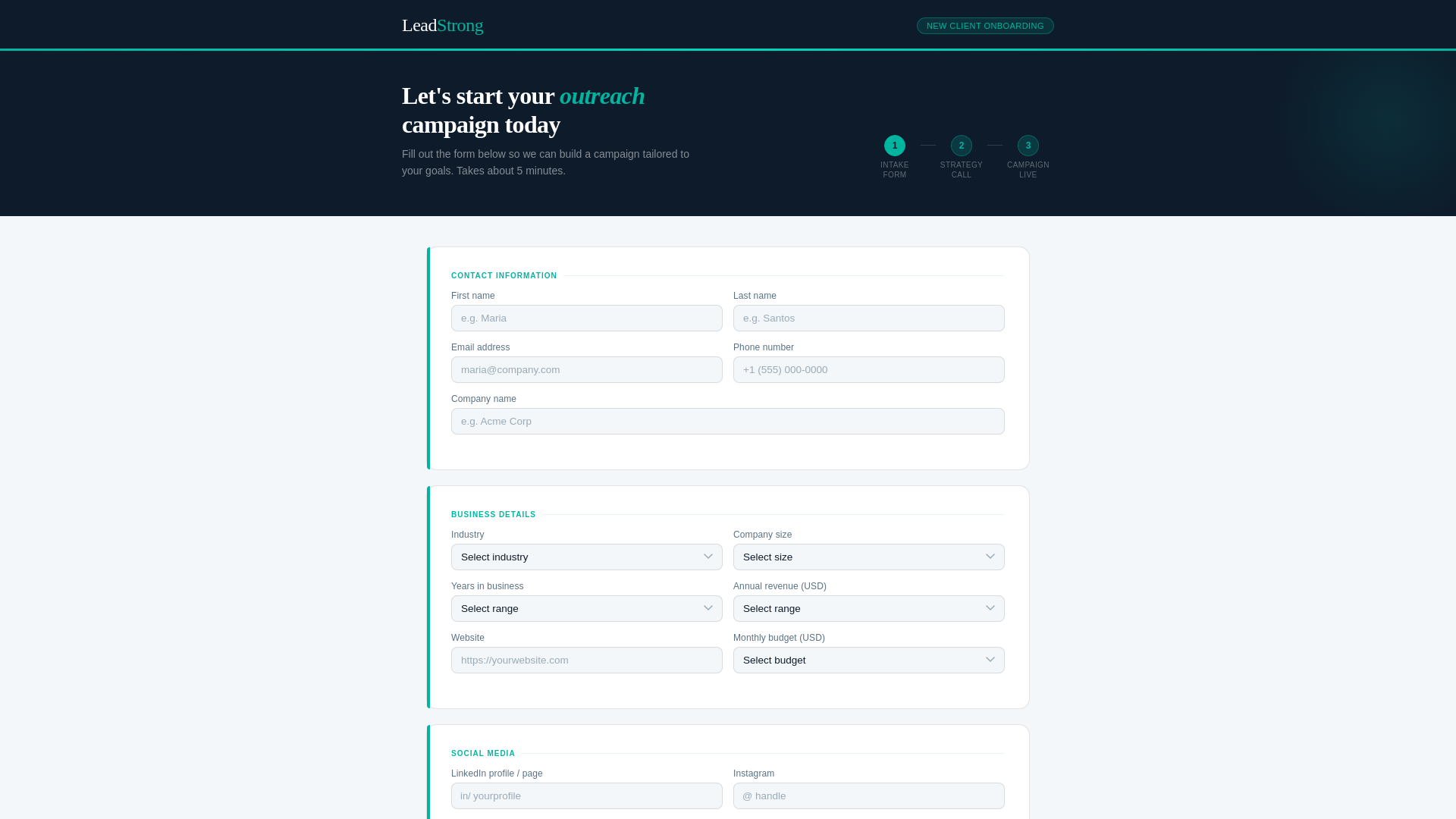 website screenshot of https://leadstrong-icp-intake-form-hhf6m.kinsta.page
