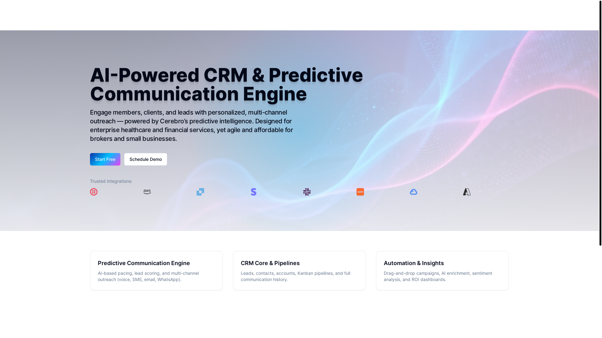 website screenshot of https://cerebrocrm.com/