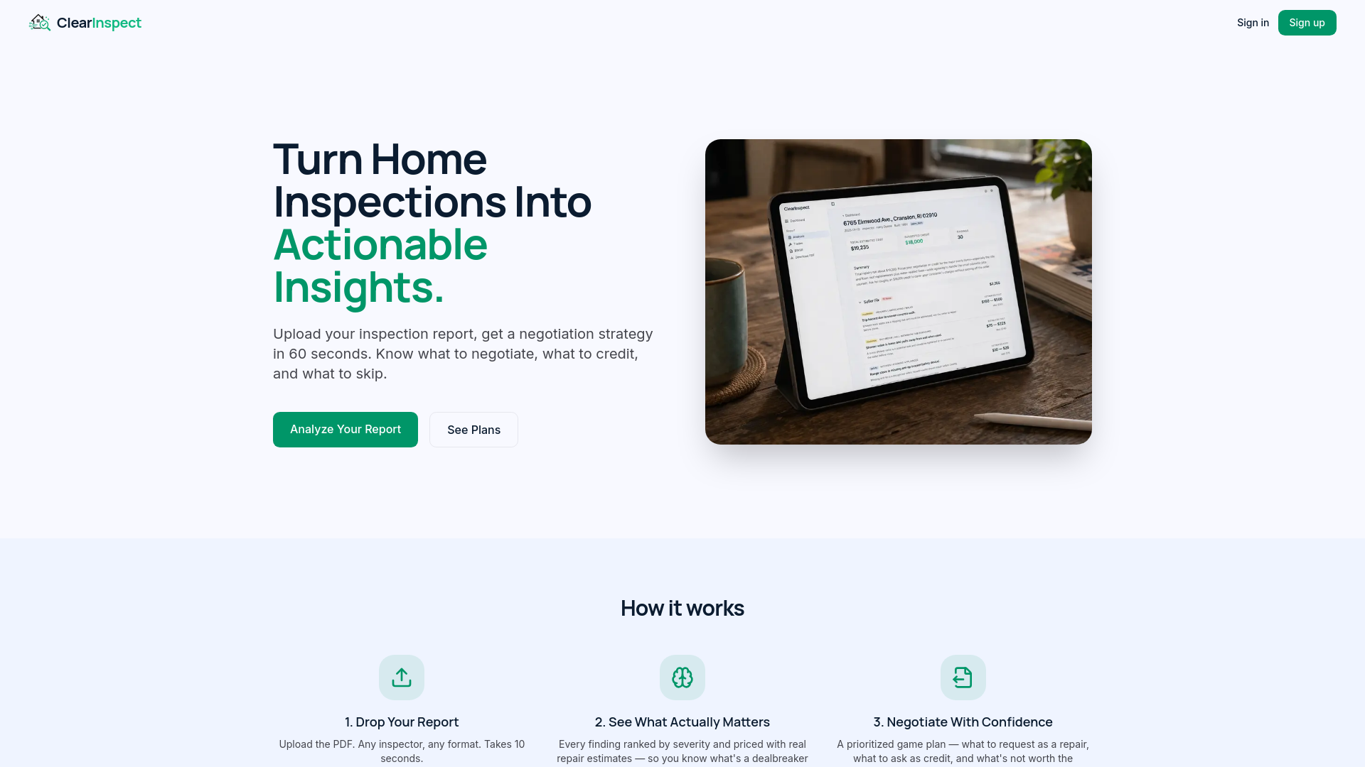 website screenshot of https://clearinspect.ai