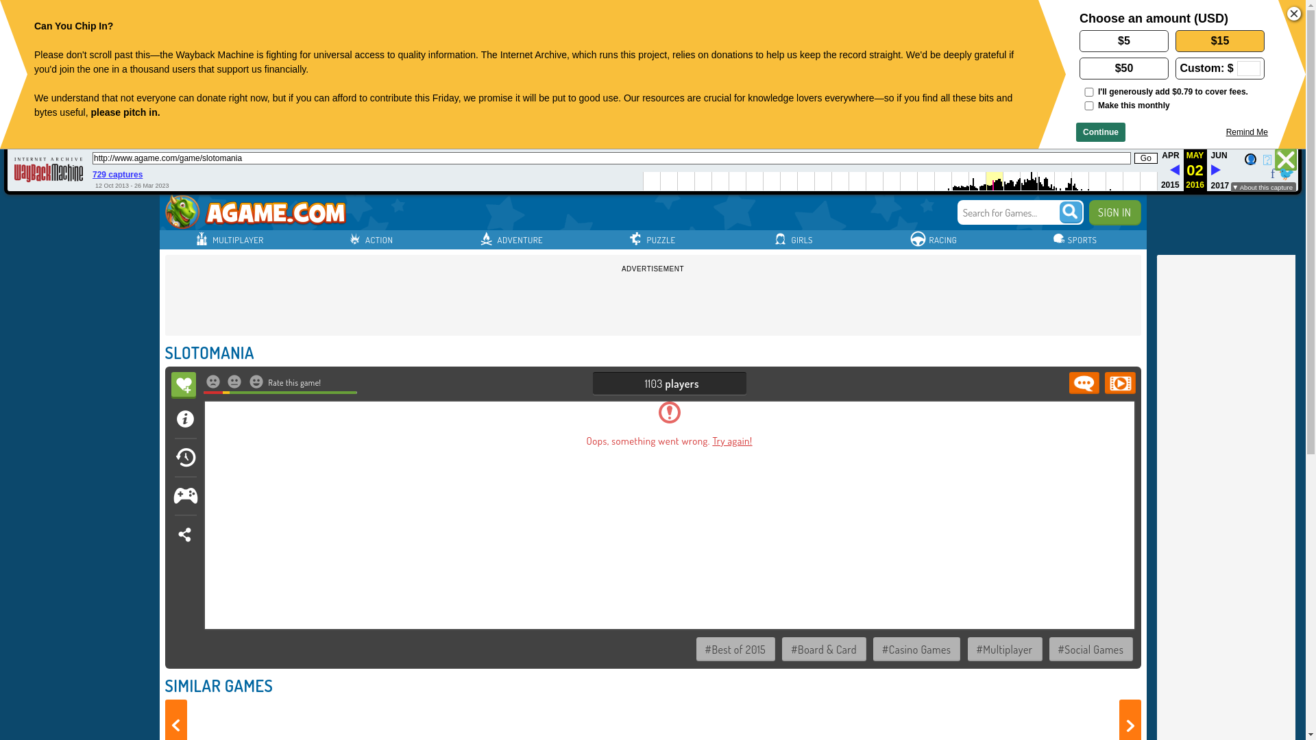 website screenshot of https://web.archive.org/web/20160502212921/http://www.agame.com/game/slotomania