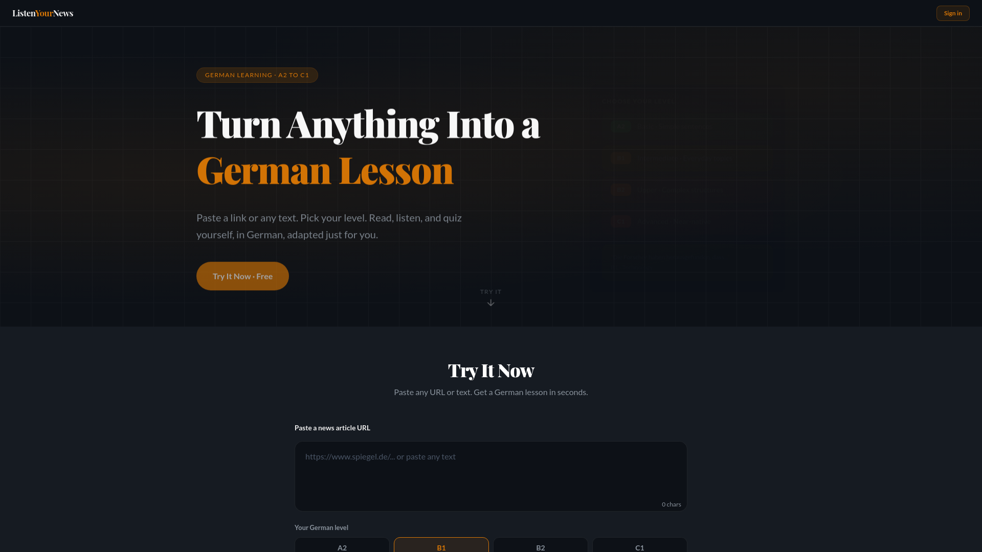 website screenshot of https://listenyournews.com/