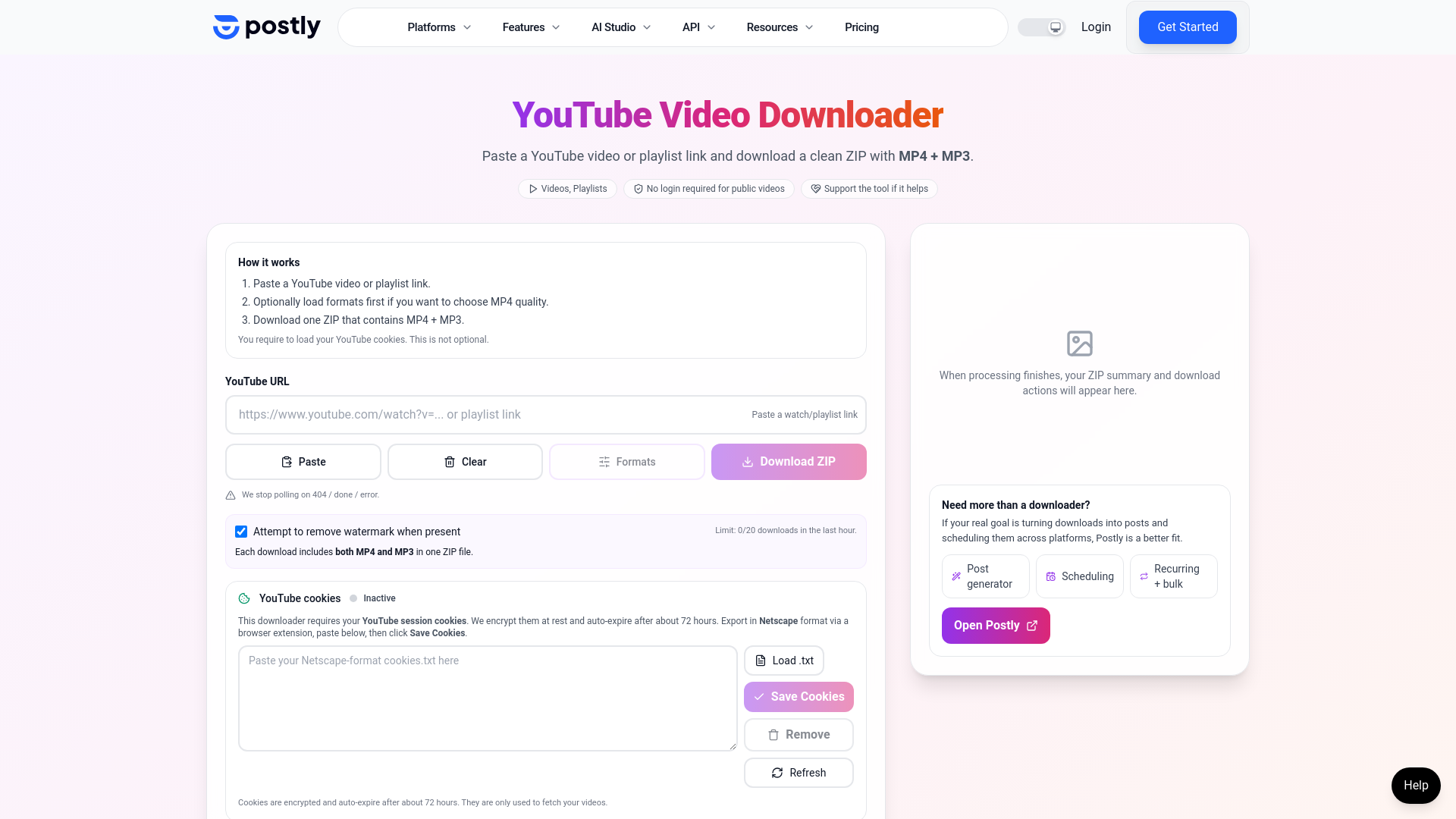 website screenshot of https://postly.ai/tools/youtube-video-downloader?utm_content=playlist-downloader