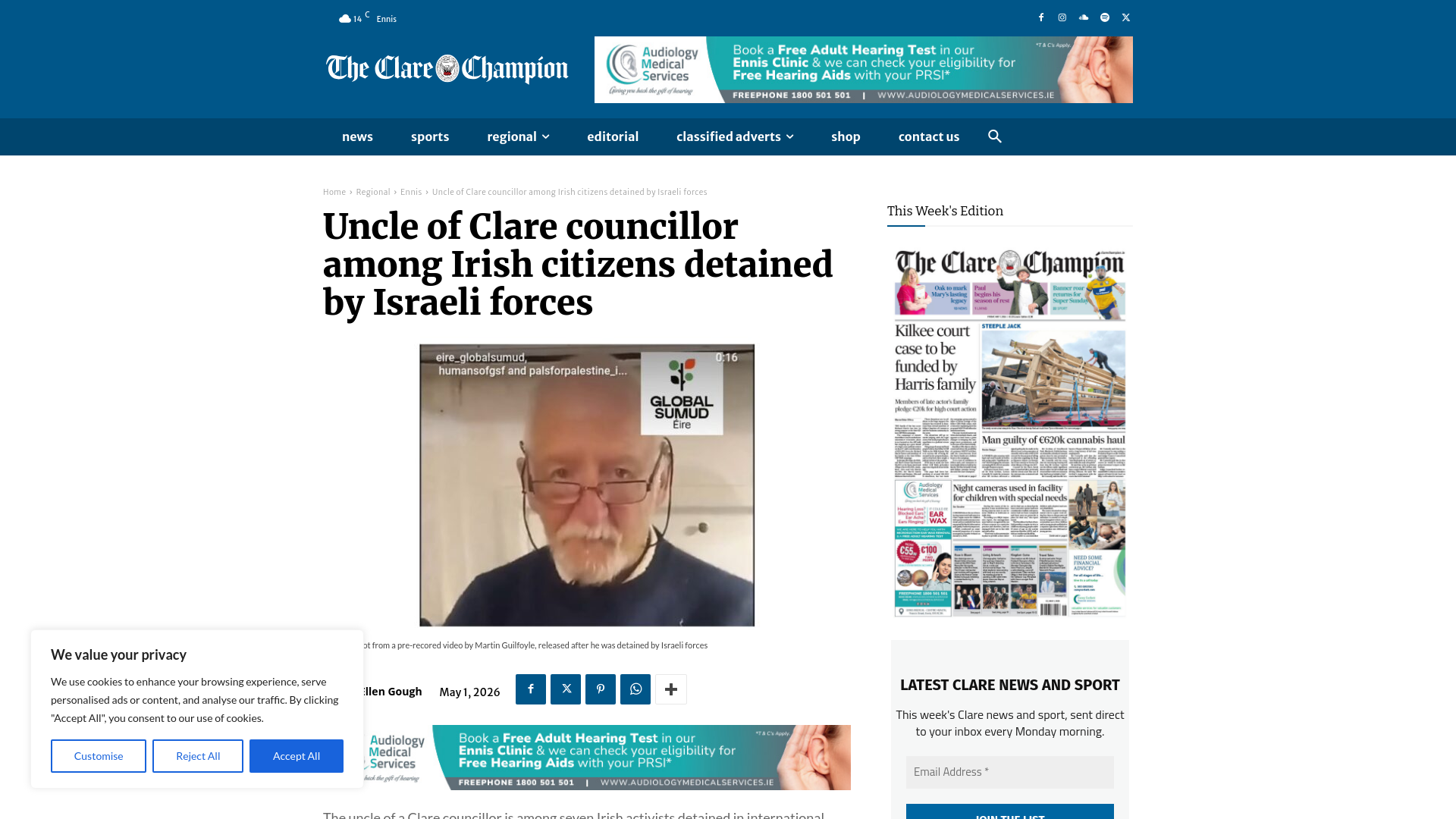 website screenshot of https://clarechampion.ie/uncle-of-clare-councillor-among-irish-citizens-detained-by-israeli-forces/