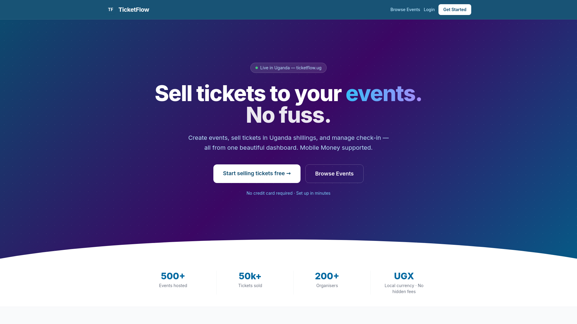 website screenshot of https://ticketflow.ug/