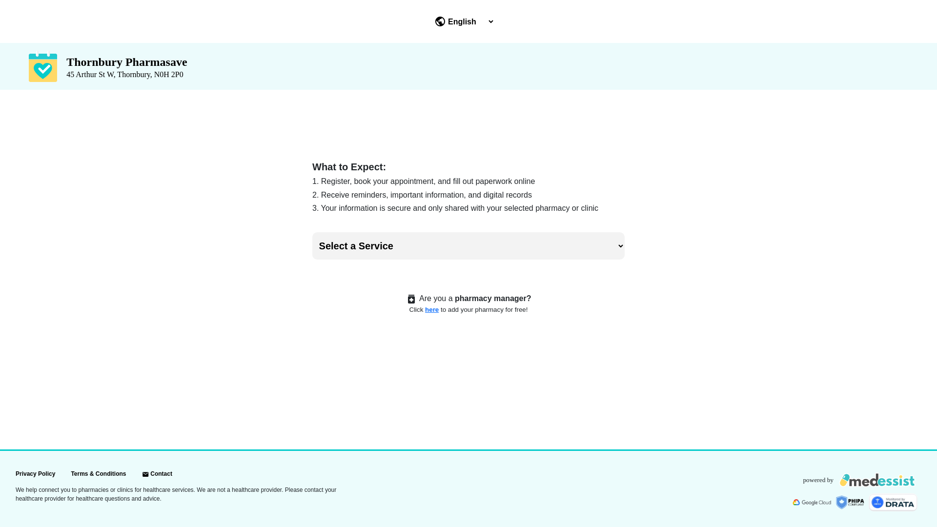 website screenshot of https://thornburypharmacy.ca/