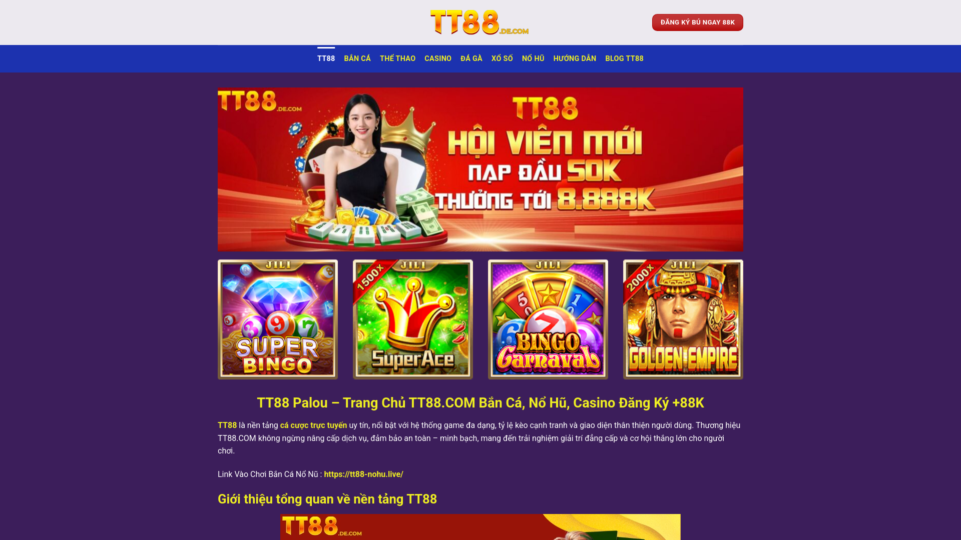 website screenshot of https://tt88-nohu.live