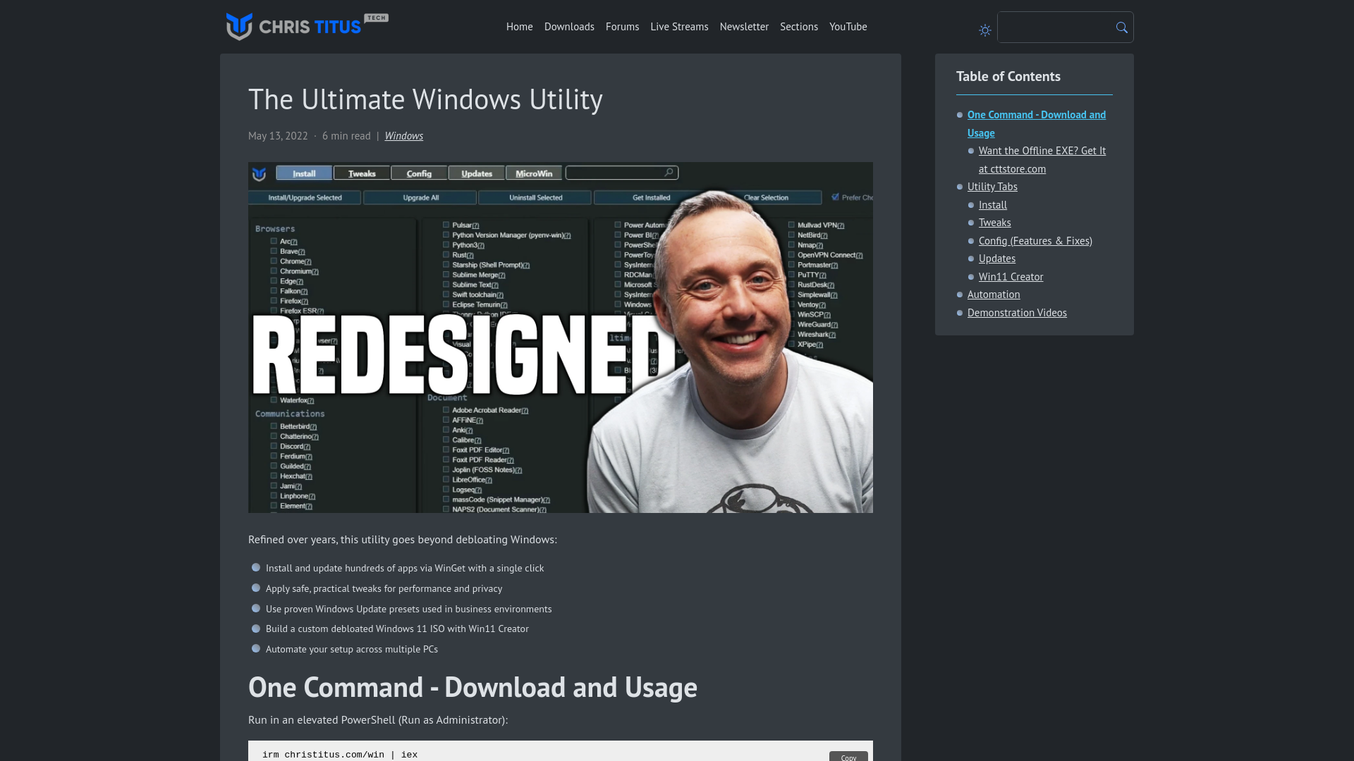 website screenshot of https://christitus.com/windows-tool/