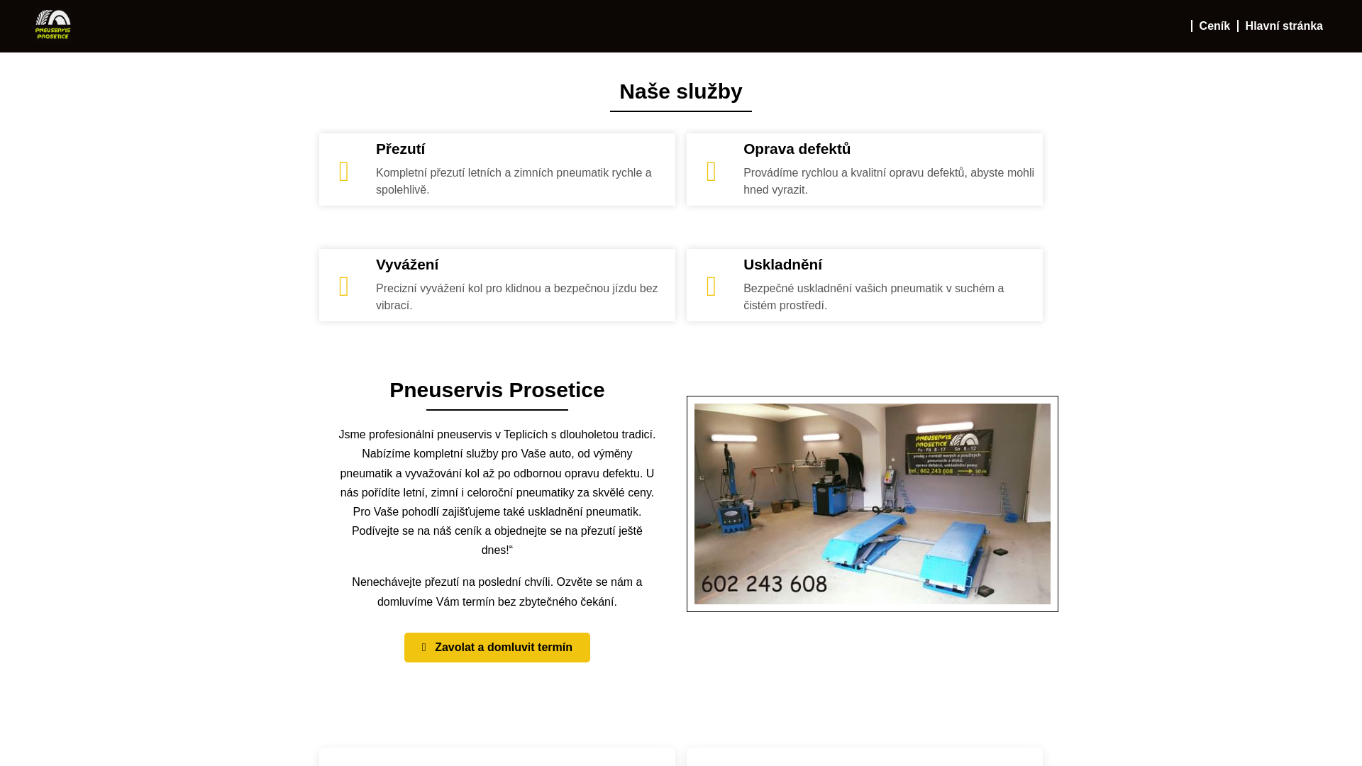 website screenshot of https://pneuservis-prosetice.cz/