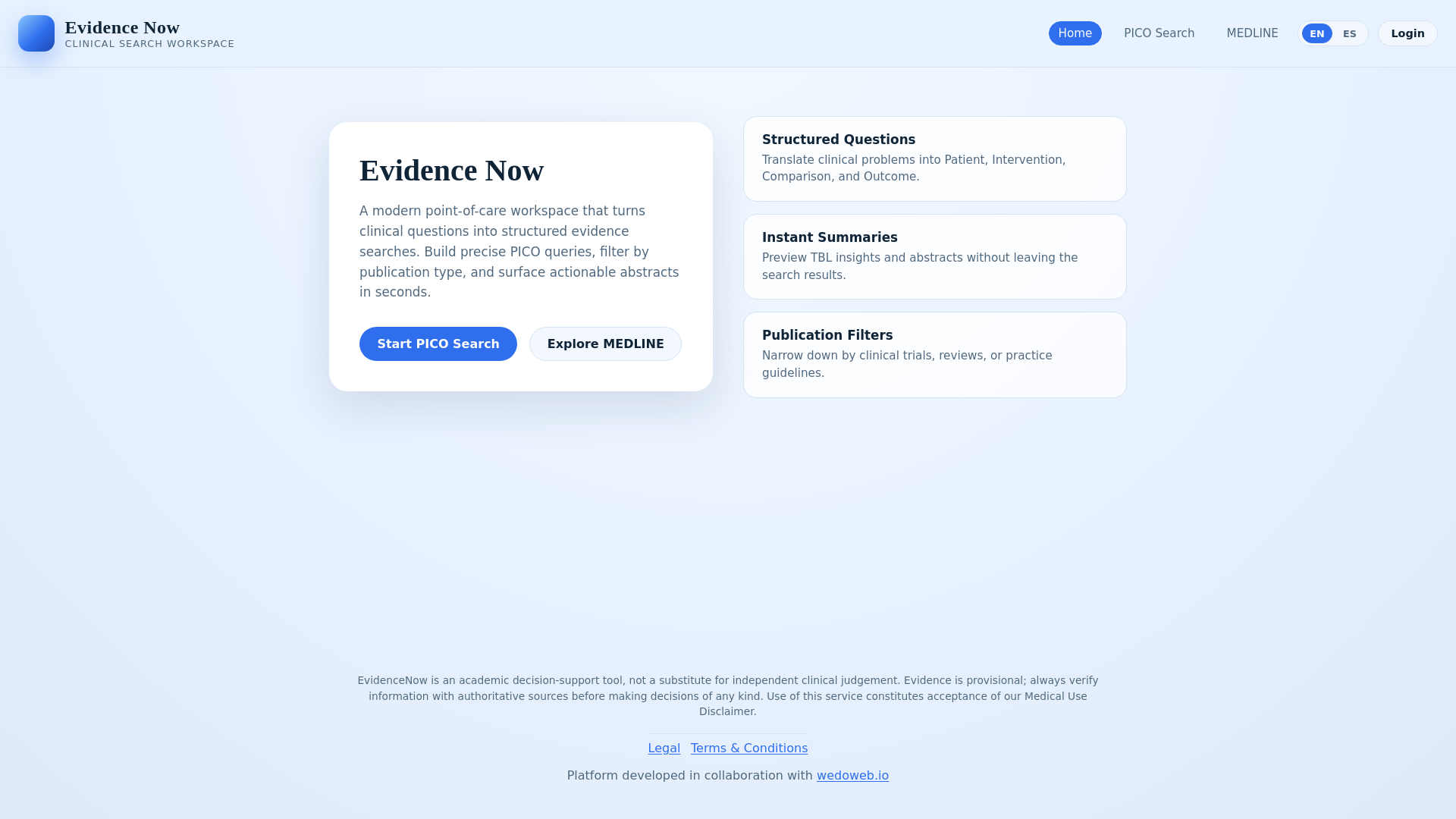 website screenshot of https://evidencenow.io/