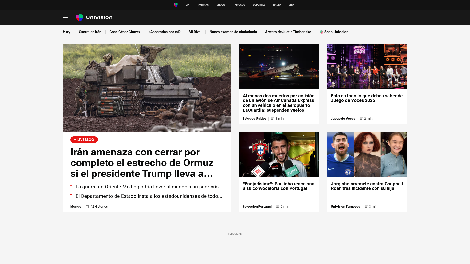 website screenshot of https://www.univision.com