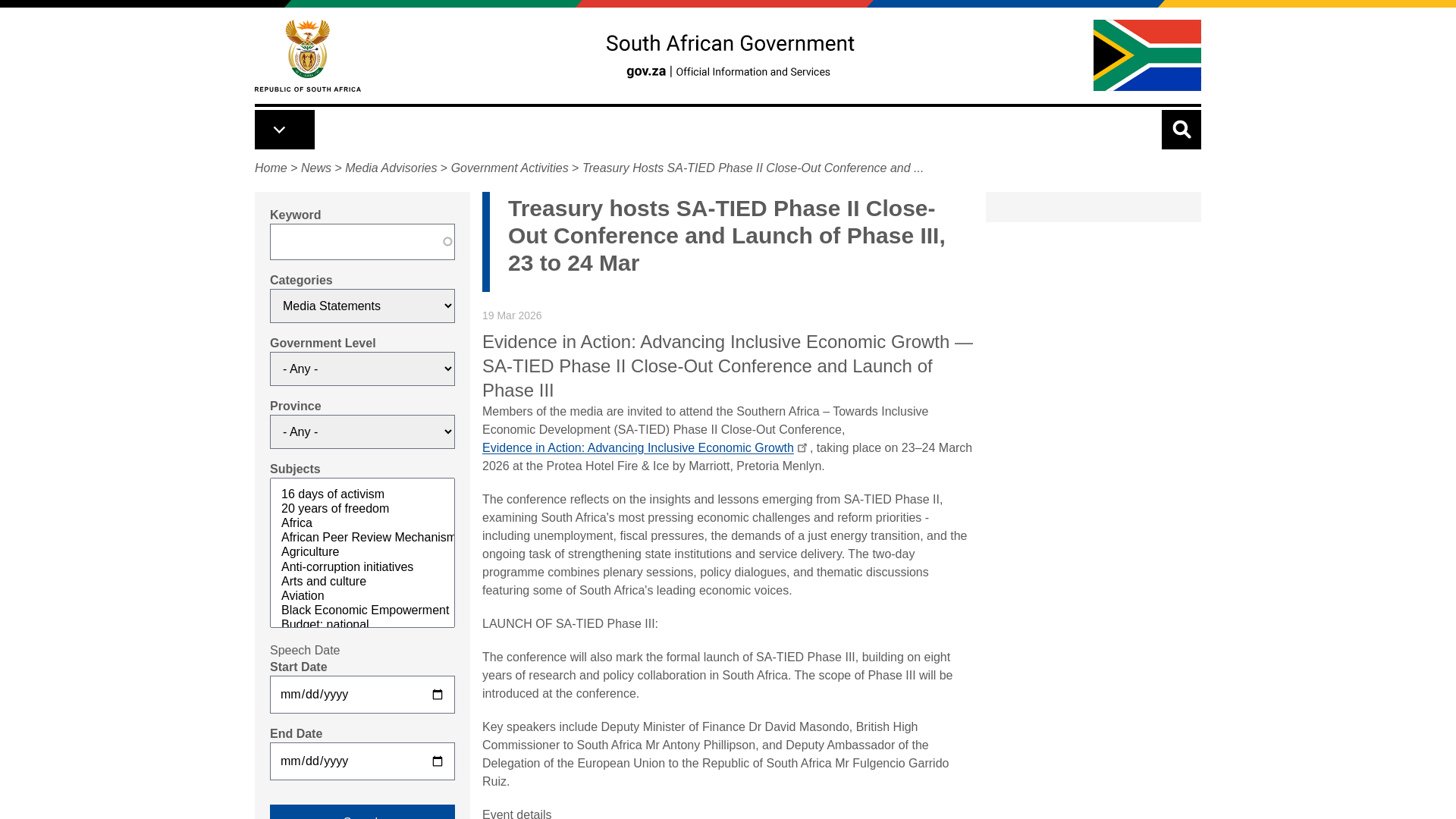 website screenshot of https://www.gov.za/news/media-advisories/government-activities/treasury-hosts-sa-tied-phase-ii-close-out-conference