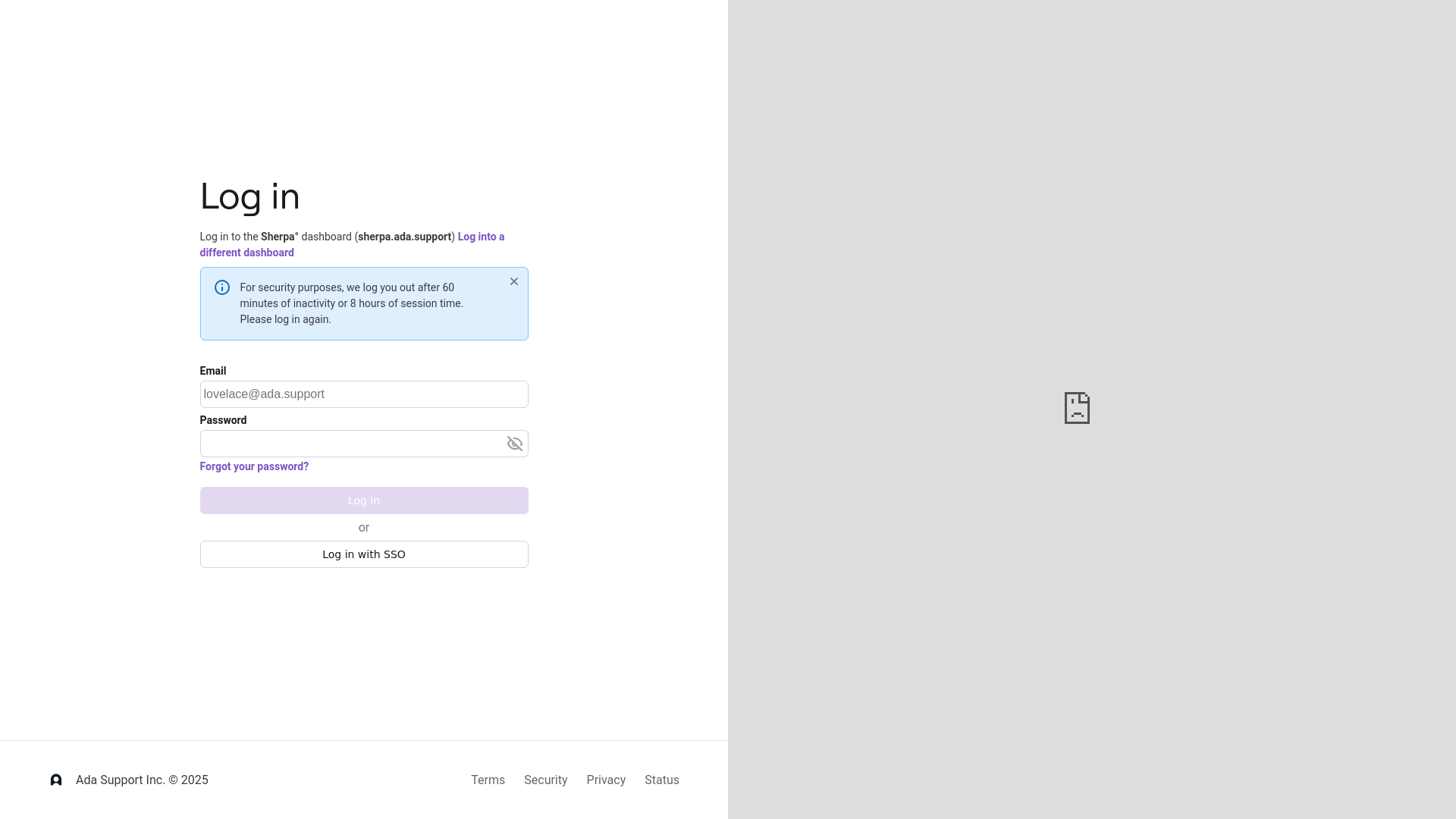 website screenshot of https://sherpa.ada.support/