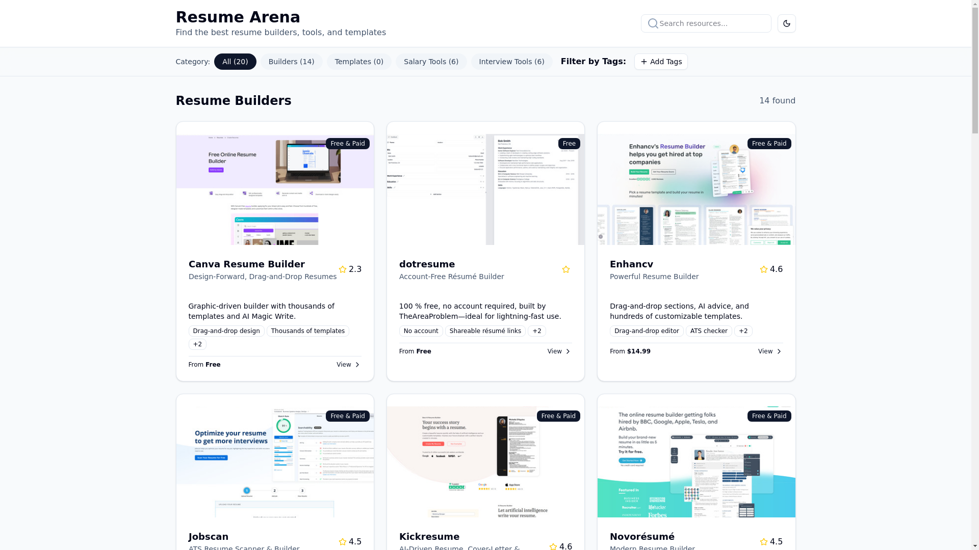 website screenshot of https://resumearena.pages.dev/