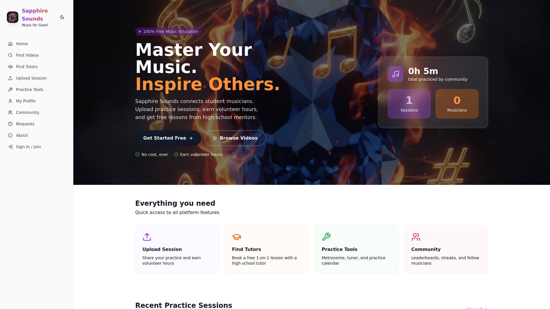 website screenshot of https://sapphiresounds.org