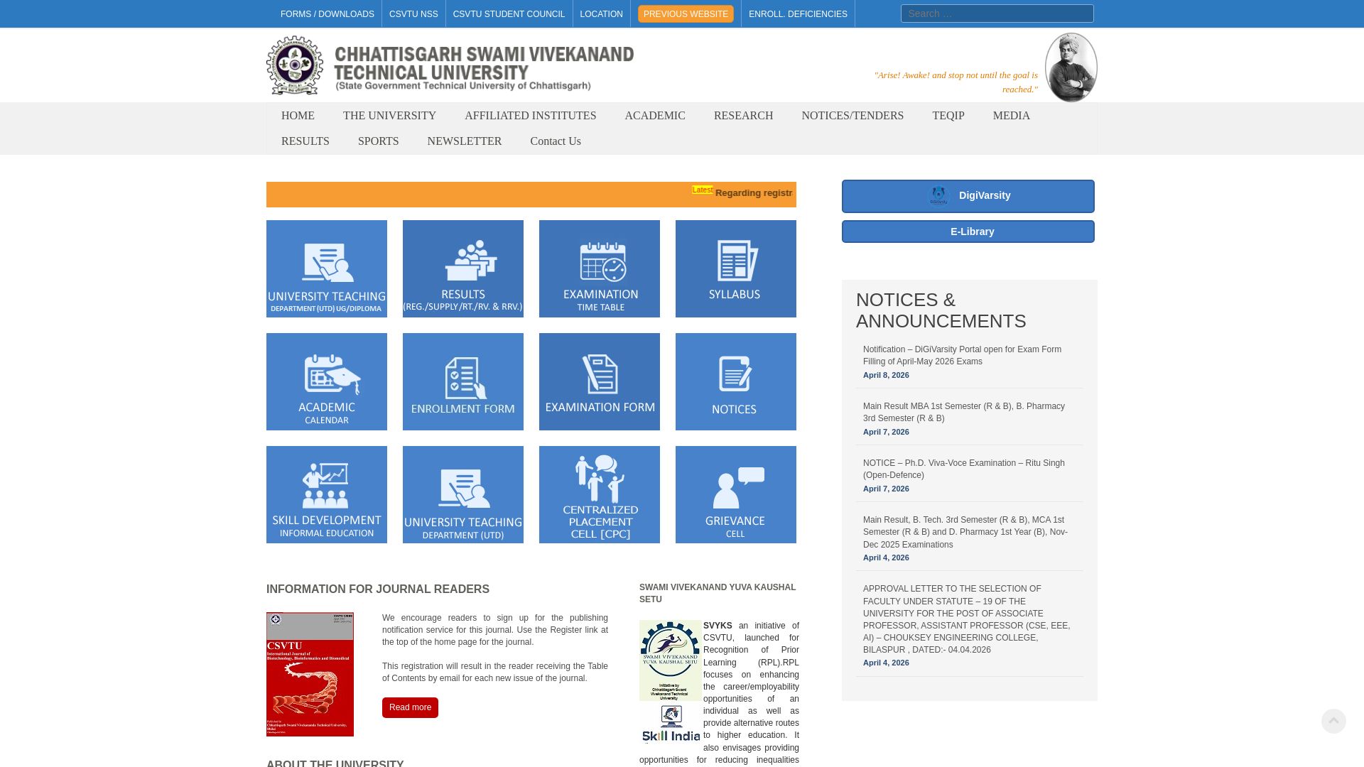 website screenshot of https://csvtu.ac.in/