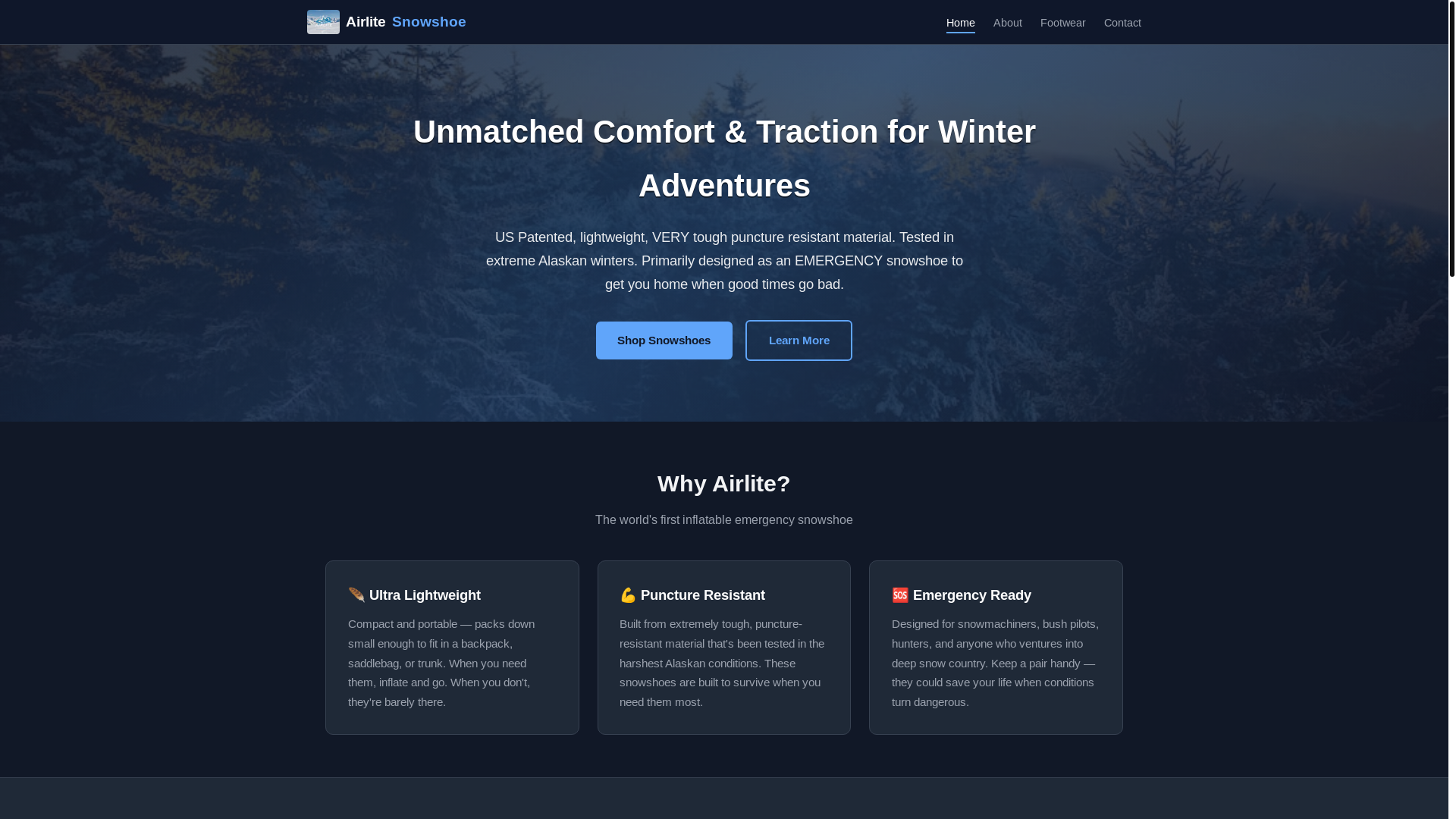 website screenshot of https://airlitesnowshoe.pages.dev/