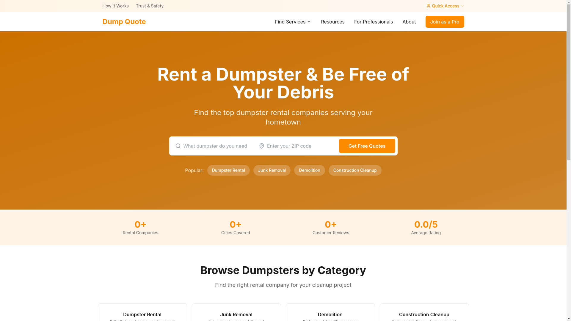 website screenshot of https://dumpquote.co/