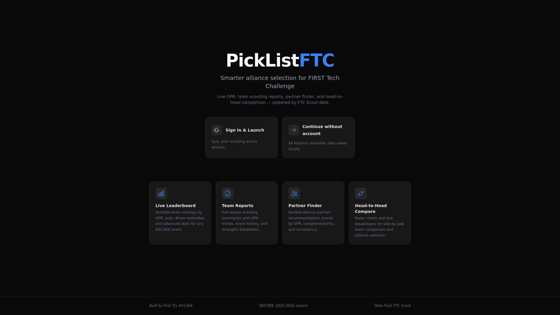 website screenshot of https://picklistftc.com