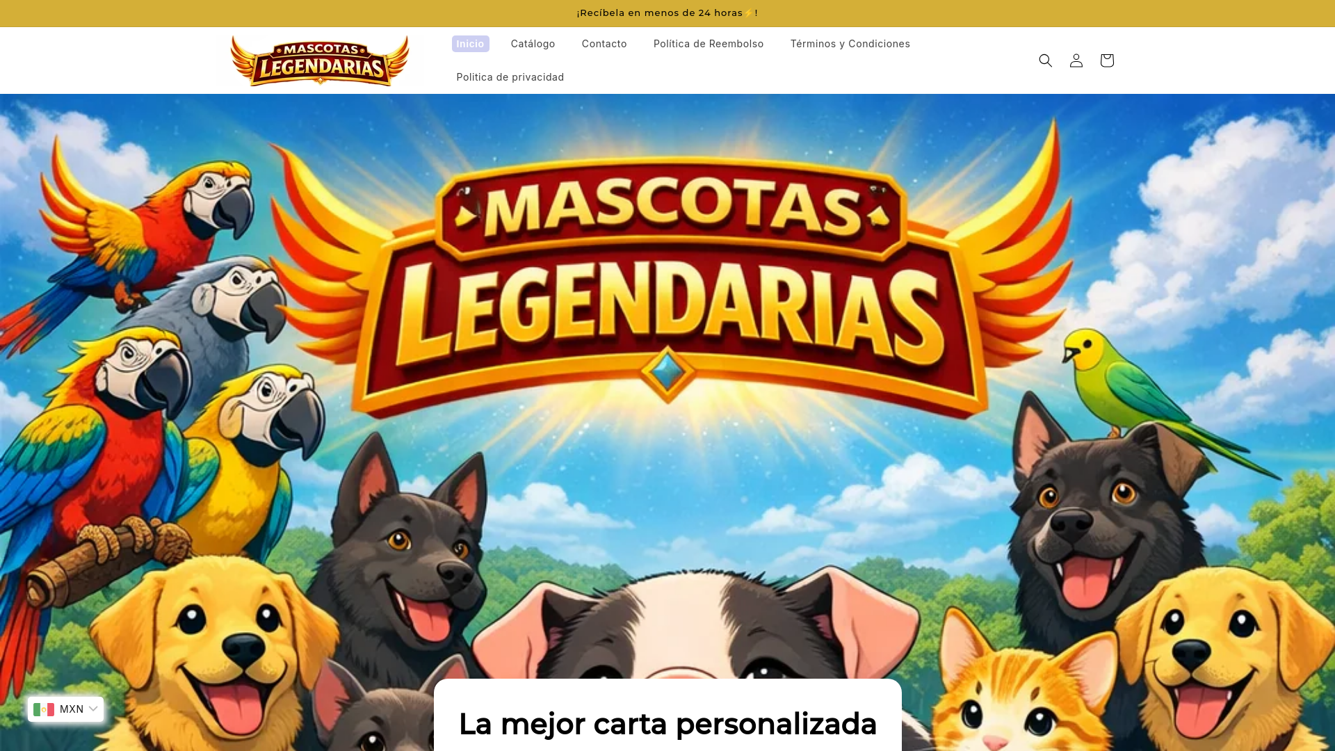 website screenshot of https://mascotaslegendarias.store/