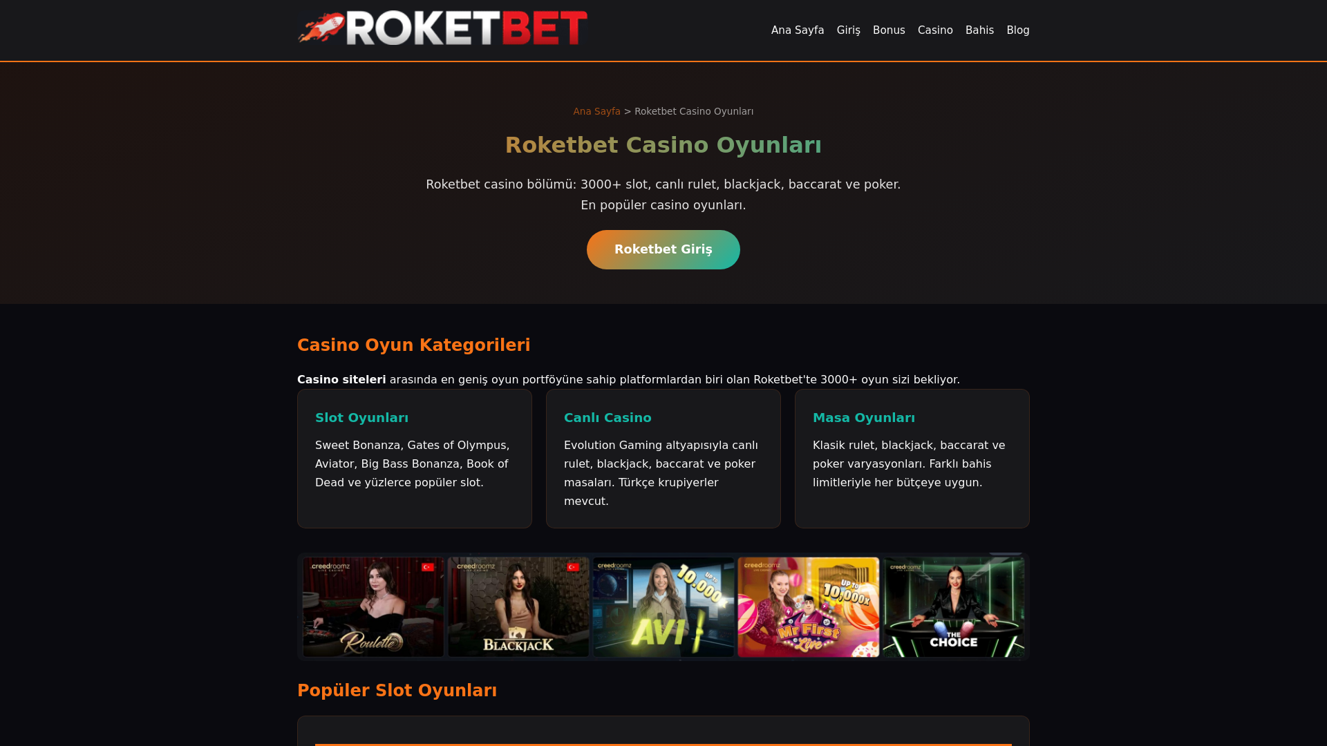 website screenshot of https://www.roketbetsite.com/roketbet-casino