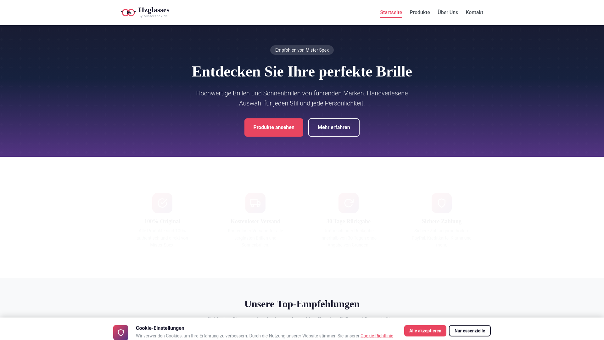website screenshot of https://hzglasses.net