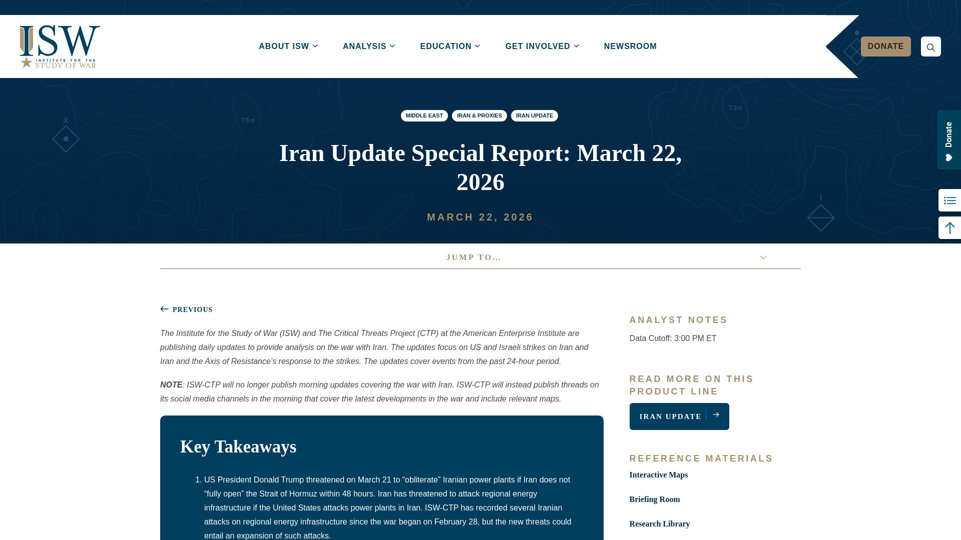 website screenshot of https://understandingwar.org/research/middle-east/iran-update-evening-special-report-march-22-2026/