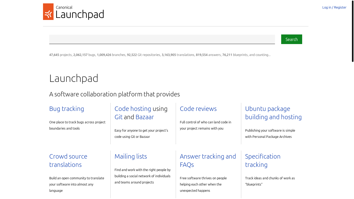 website screenshot of https://launchpad.net/