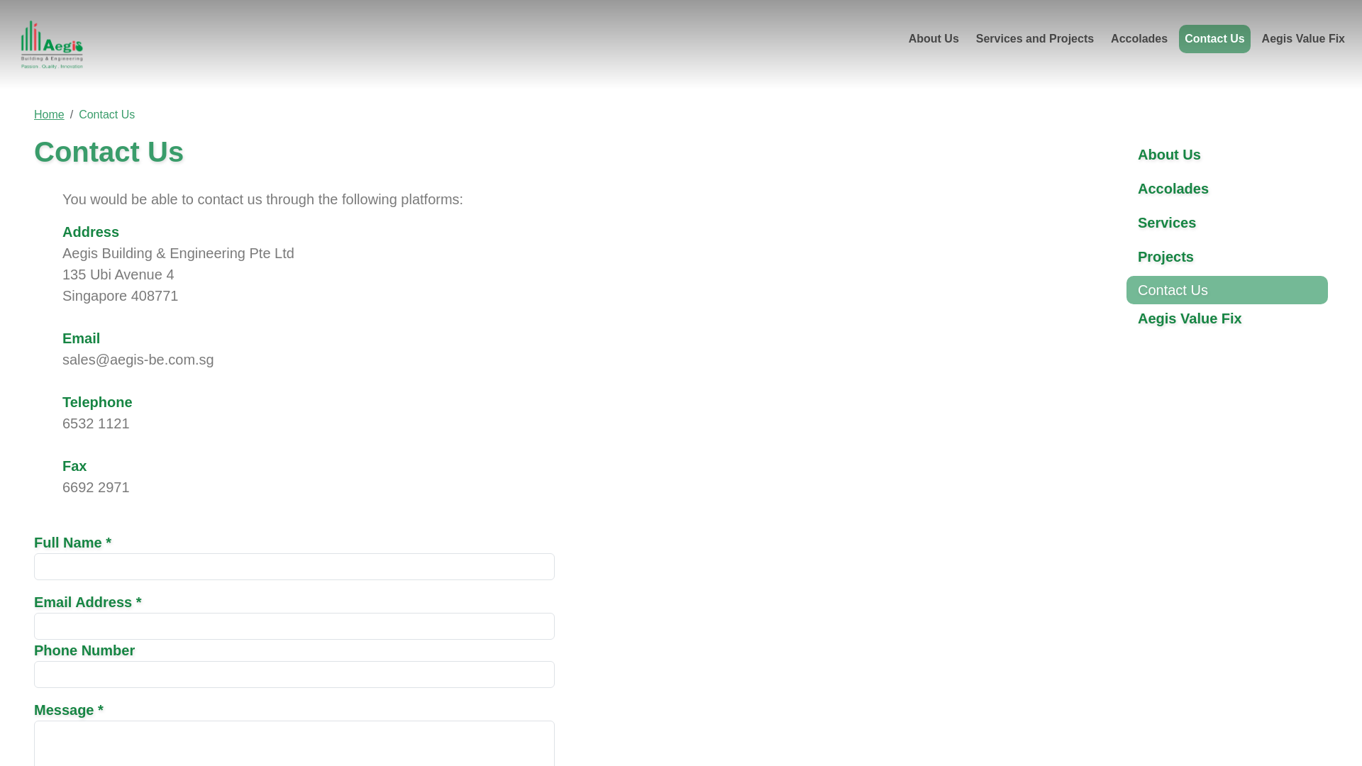 website screenshot of http://www.aegis-be.com.sg/contact