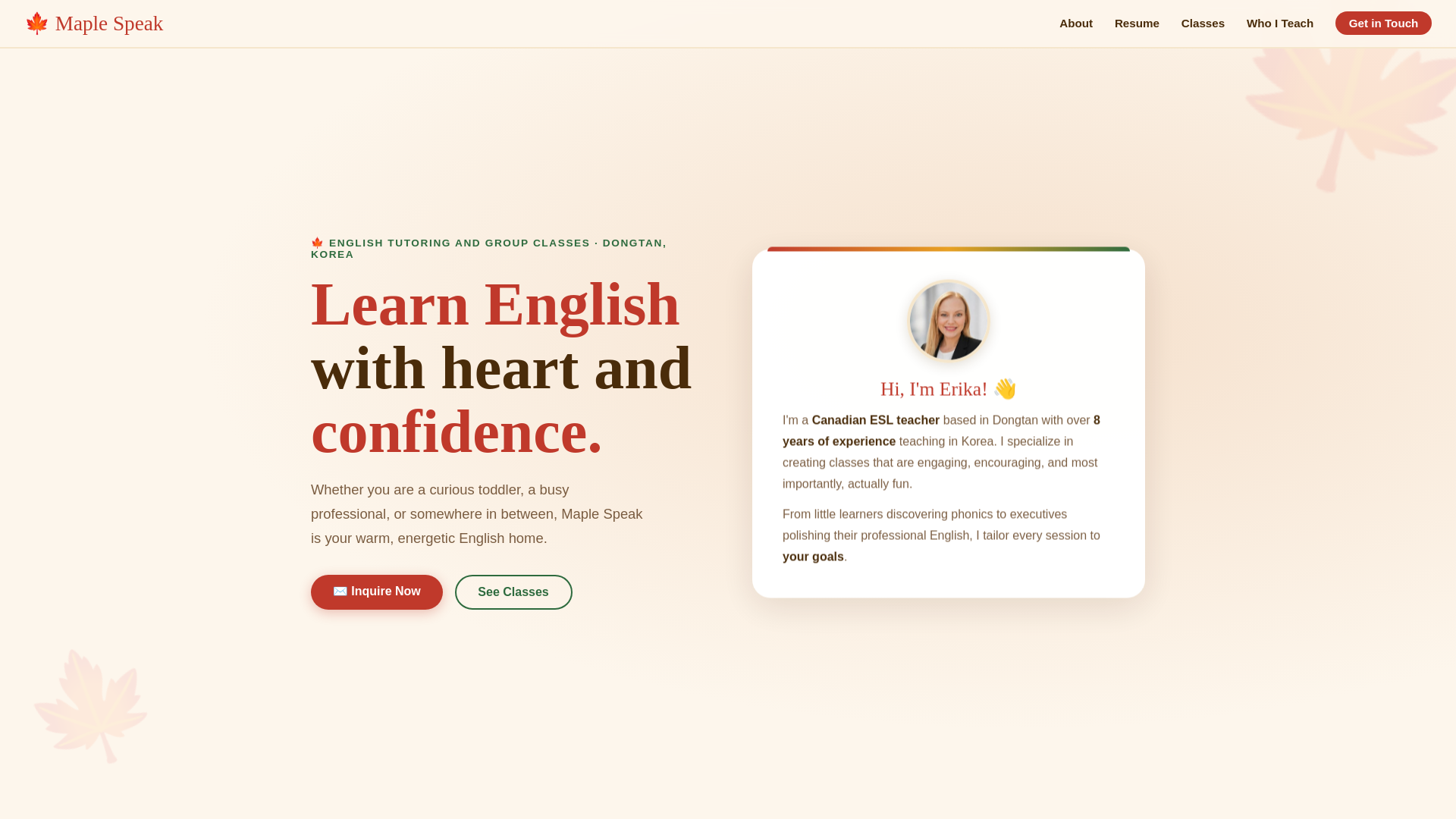 website screenshot of https://maplespeakenglish.com/